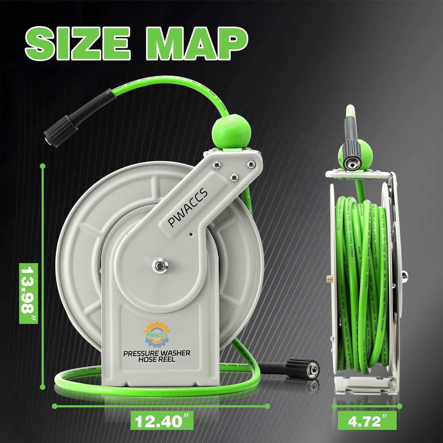 PWACCS Retractable Pressure Washer Hose Reel, 1/4" x 60ft Heavy Duty Power Washer Hose Reel, High Pressure Reel Auto Rewind, Wall/Floor Mounted, 3600 PSI