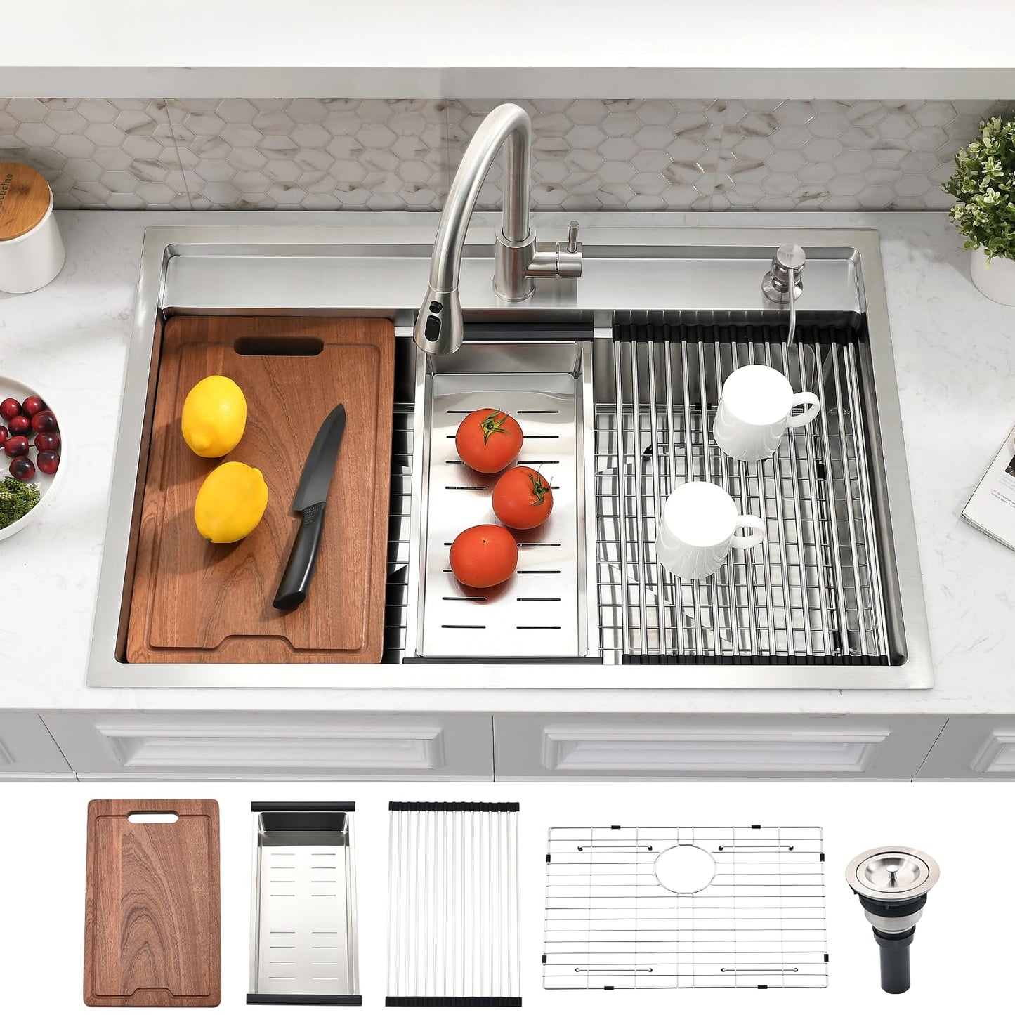 WMXQX 33 Inch Drop In Kitchen Sink Splash Guard Workstation, 33x19 Kitchen Sink Drop In Stainless Steel Top Mount Sinks 16 Gauge Rounded Corner Single Bowl 10" Deep Basin with Cutting Board