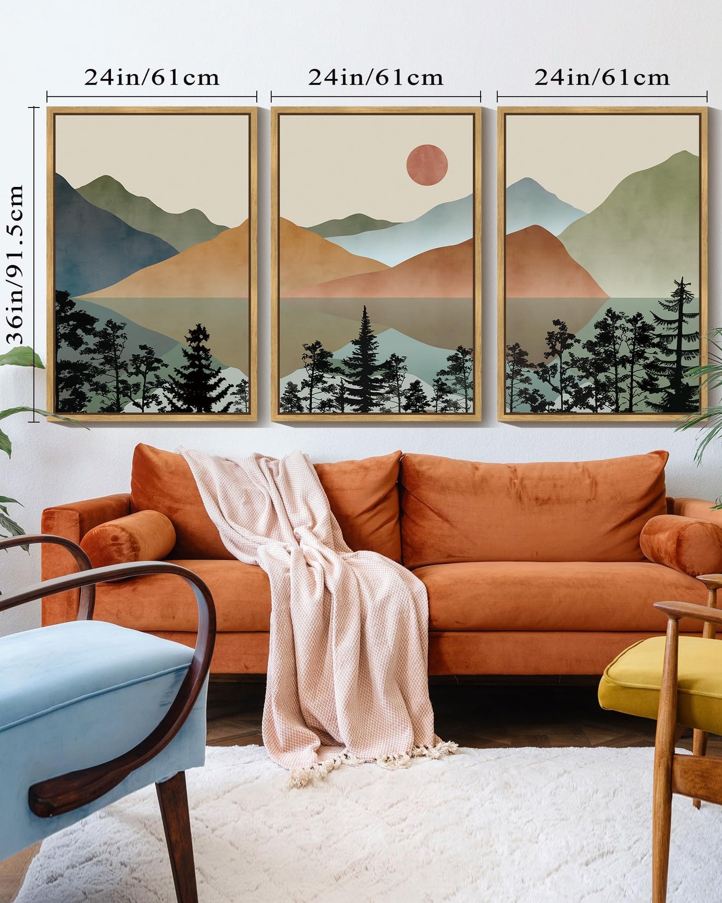 KUVIOKE Landscape Mountain Wall Art 24x 36in Large Set Lake Sunrise Pine Tree Forest Nature Scenry Wilderness Farmhouse Rustic Modern Art Decorative for Living Room Bedroom (Natural Framed)