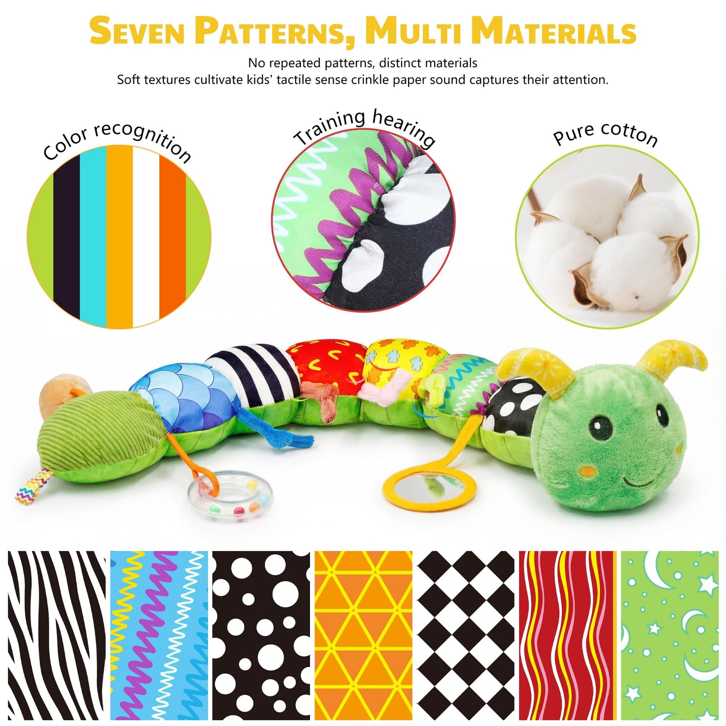 Baby Toys 0-6 Month Musical Caterpillar Toy for Infant 0-3 3-12 Months,Mirror Crinkle Rattle Tummy Time Sensory Toys Newborn Boys&Girls Stuffed Plush Gifts,Car Seat Toys for Outings
