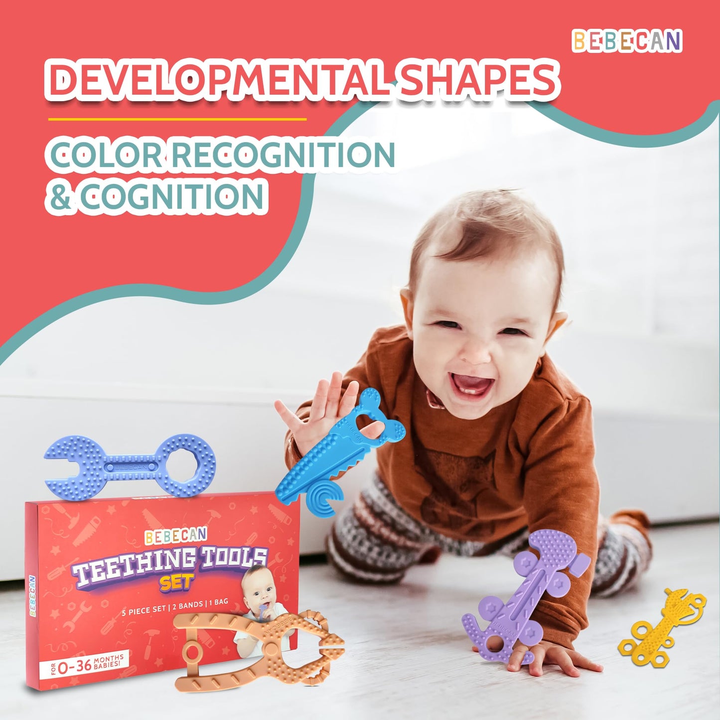 BEBECAN Teething Tools Teether for Baby - 5 Premium Food-Grade Silicone Baby Boy Teething Toys, 2 Straps for Safety and Travel Bag Tool Toys Provide Soothing Relief and Healthy Development.