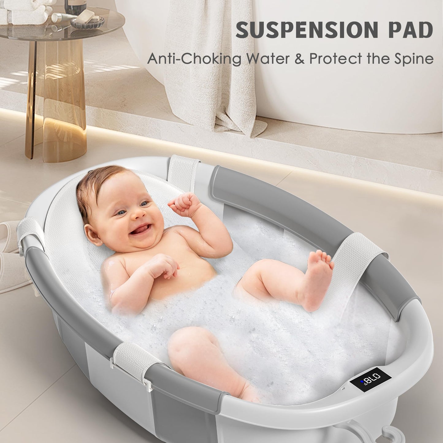 Himold Collapsible Baby Bathtub for Newborn to Toddler 0-36 Months, Spacious Foldable Infant Bath Tub with Thermometer, Cushion & Drain Hole, Portable Travel Tub Grey
