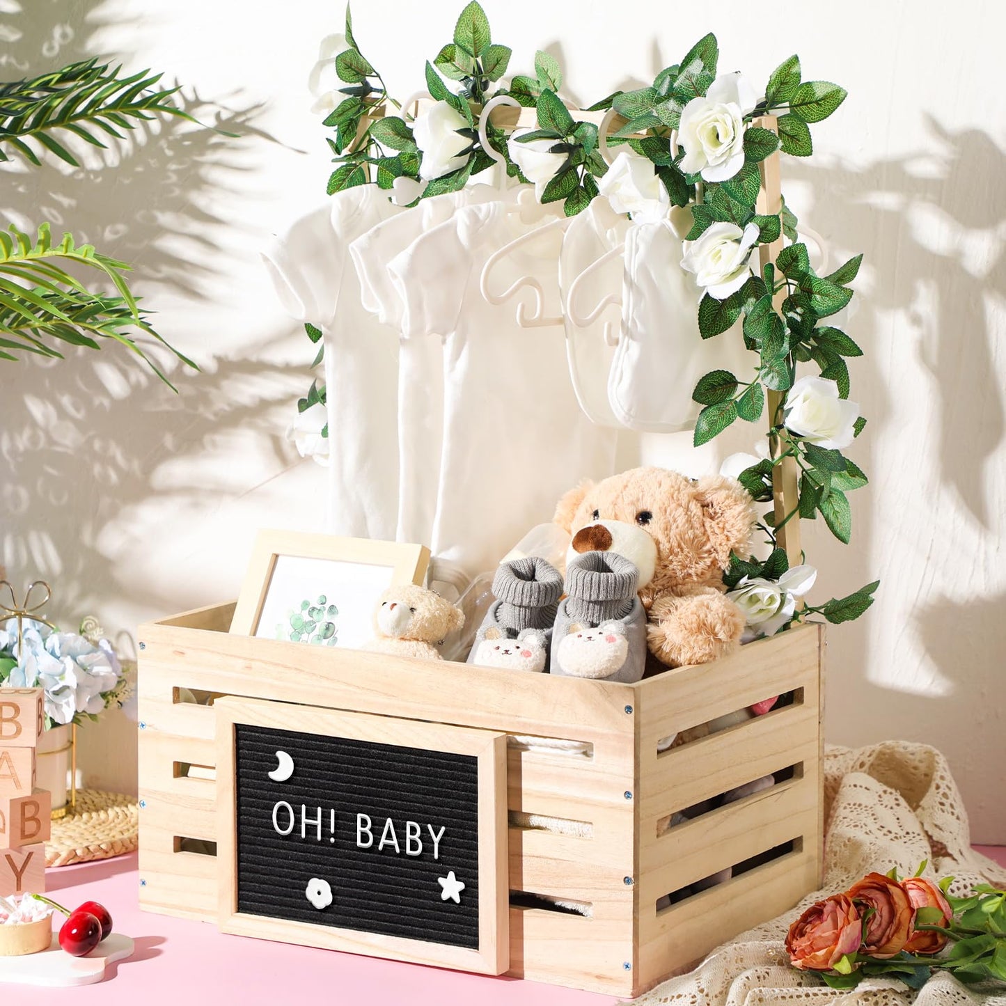 Barydat Wooden Baby Shower Crate Closet, Basket with Handle and Felt Letter Board Kit Garland Baby Shower Wooden Gift Crate Personalized Basket for Pregnancy Announcement New Parent(Wood)