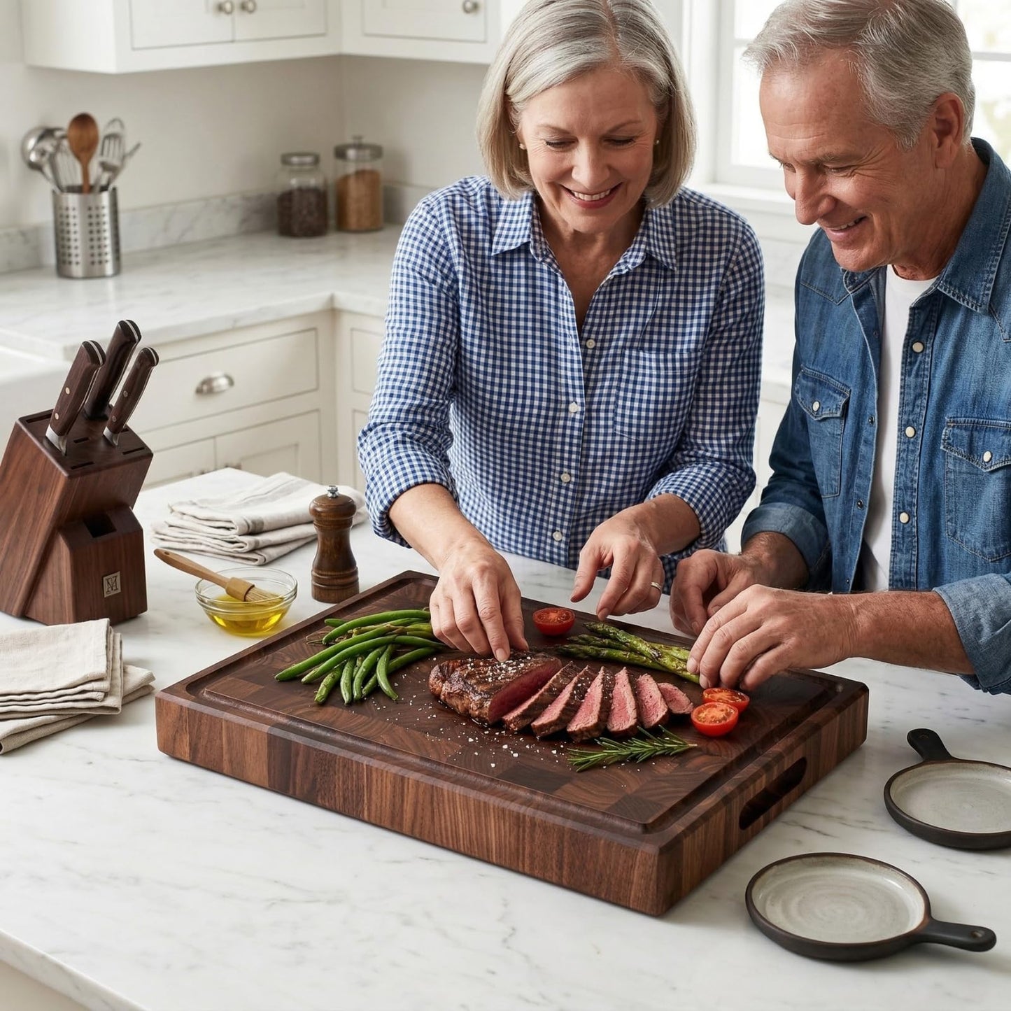 muso wood End Grain Cutting Board, Black Walnut Wood, 2" Thick Dual-Sided Wooden Chopping Board with Juice Groove & Handle - Idea for meat cutting, vegetable dicing, and fruit processing, 20 x 15 inch