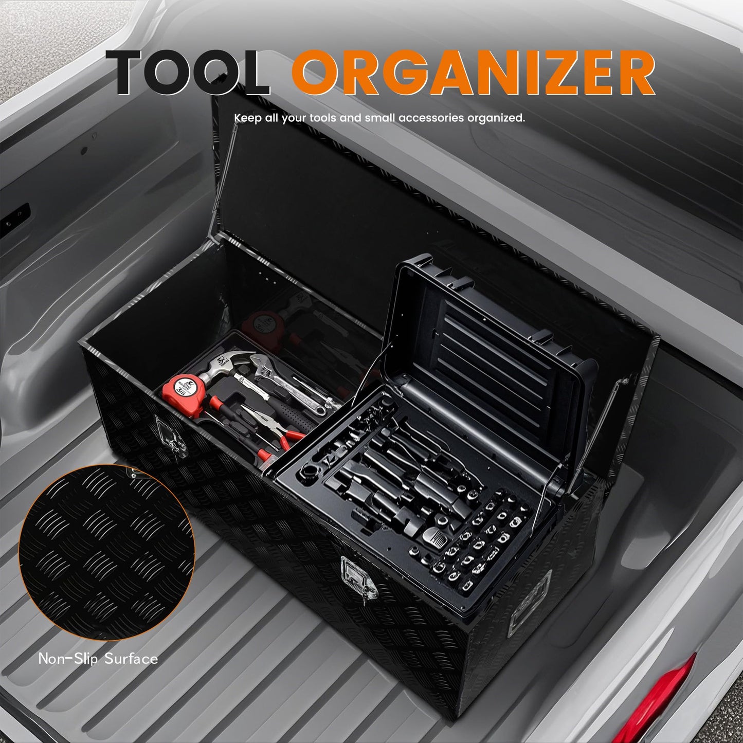 Vigorighter 48 Inch Aluminum Truck Tool Box, 48" x 19.5" x 17.5" Heavy Duty Truck Bed Storage Box for Pick Up Truck RV Trailer, Toolbox with Side Handles, Locks and Keys, Black