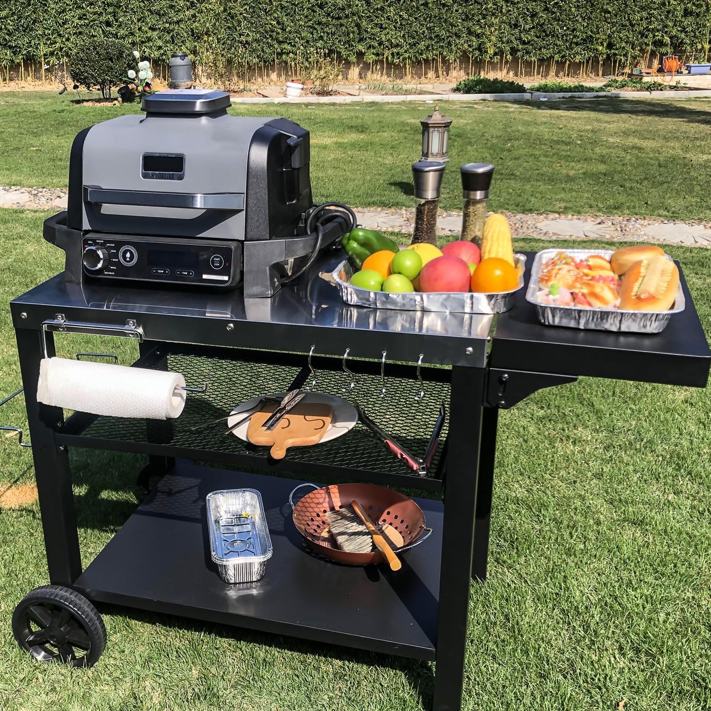 Outdoor Kitchen Island, Grill Table Cart with Drawer, Pizza Oven Stand, Movable 3-Shelf Prep Table with Side Table for Ninja Woodfire, Ooni Pizza Oven, Blackstone Griddle, Cuisinart, Barbecue tool set