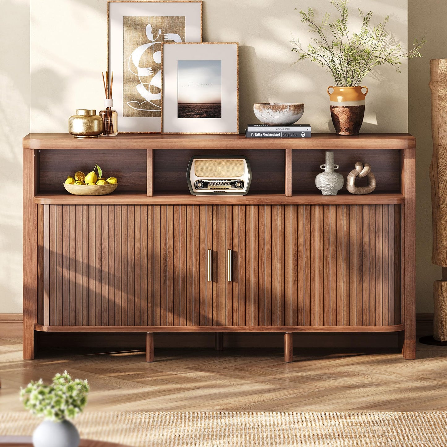 IRONCK 55" Sideboard Buffet Cabinet with Storage, Fluted Credenza with Sliding Door & Open Shelf, Mid Century Modern Accent Coffee Bar Console Table for Kitchen, Living Room, Entryway, Walnut