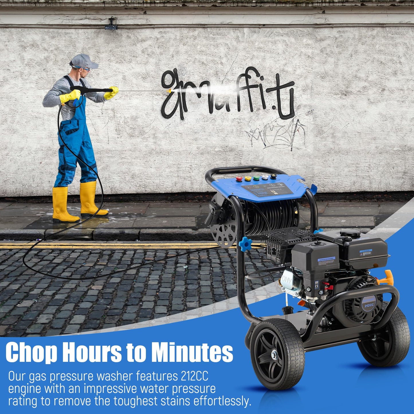 Ezasin Gas Pressure Washer 3600 PSI, 2.3 GPM Heavy Duty High Power Washer,212CC Engine with 30FT Hose, Axial Aluminum Pump, Soap Tank, Spray Gun and Wand, 5 Quick Connect Nozzle (Blue)