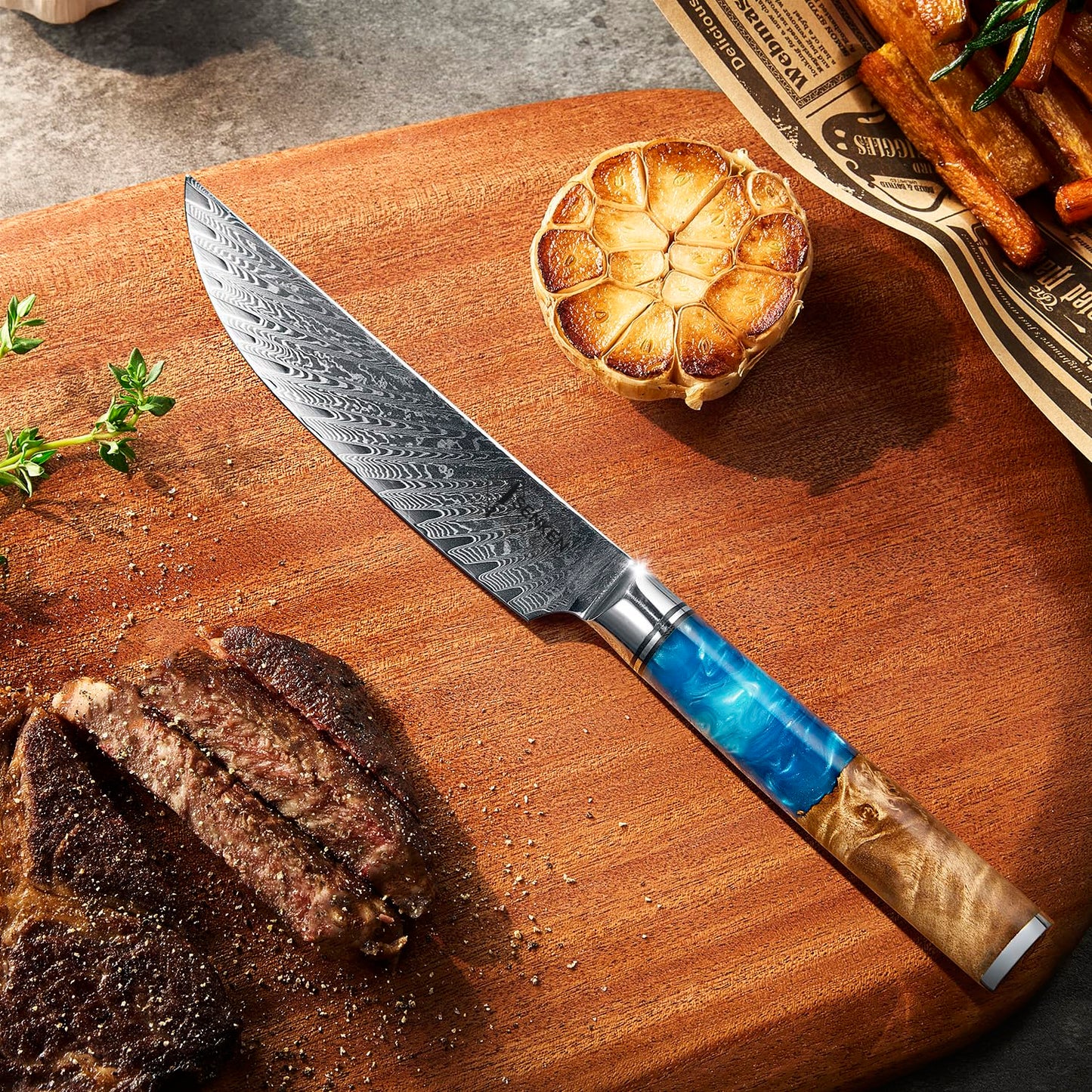 SENKEN Damascus Steak Knife Set - Tsunami Collection - 67-Layer Japanese VG10 Steel - Razor Sharp Non-Serrated Blades, Blue Resin & Natural Wood Pattern Handles, Luxury Gift Box (4 Steak Knife Set)