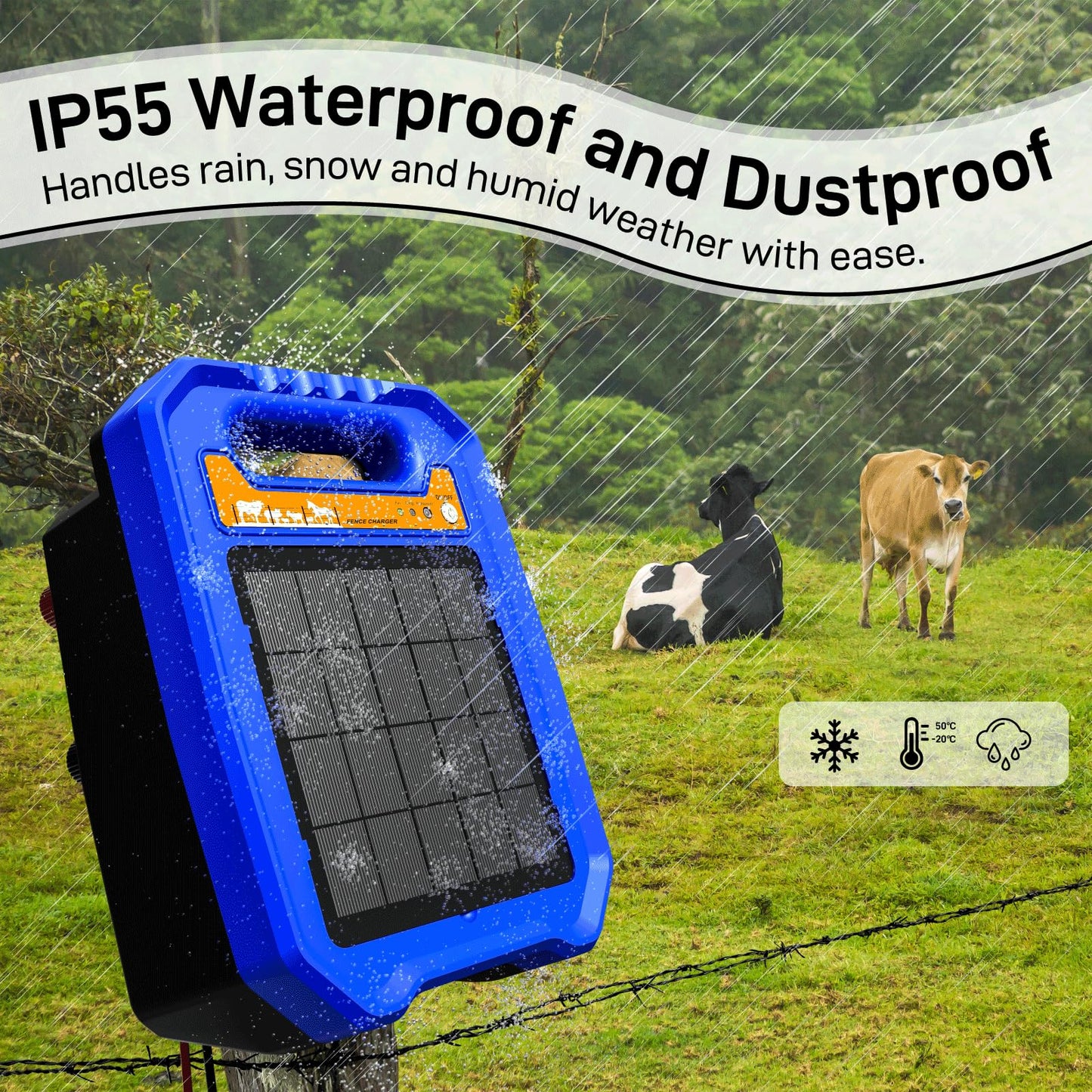 DfuGift Solar Electric Fence Charger - 0.5 Joule Output up to 5 Miles, 8000V Solar Powered Fence Energizer for Livestock, Cattle and Horse, IP55 Weatherproof Controller with Day/Night Mode
