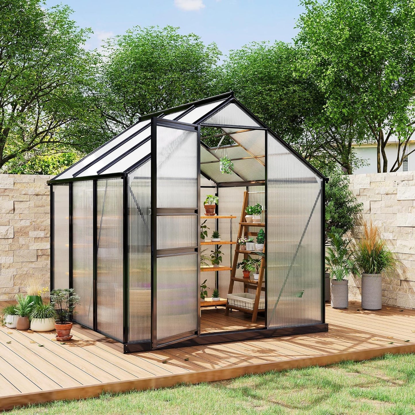 Greenhouse Sturdy Polycarbonate Walk-in Green House of Aluminum Frame w/ Roof Vent & Wind Resistance for Garden Backyard, Quick Setup, 8 ft x 6 ft