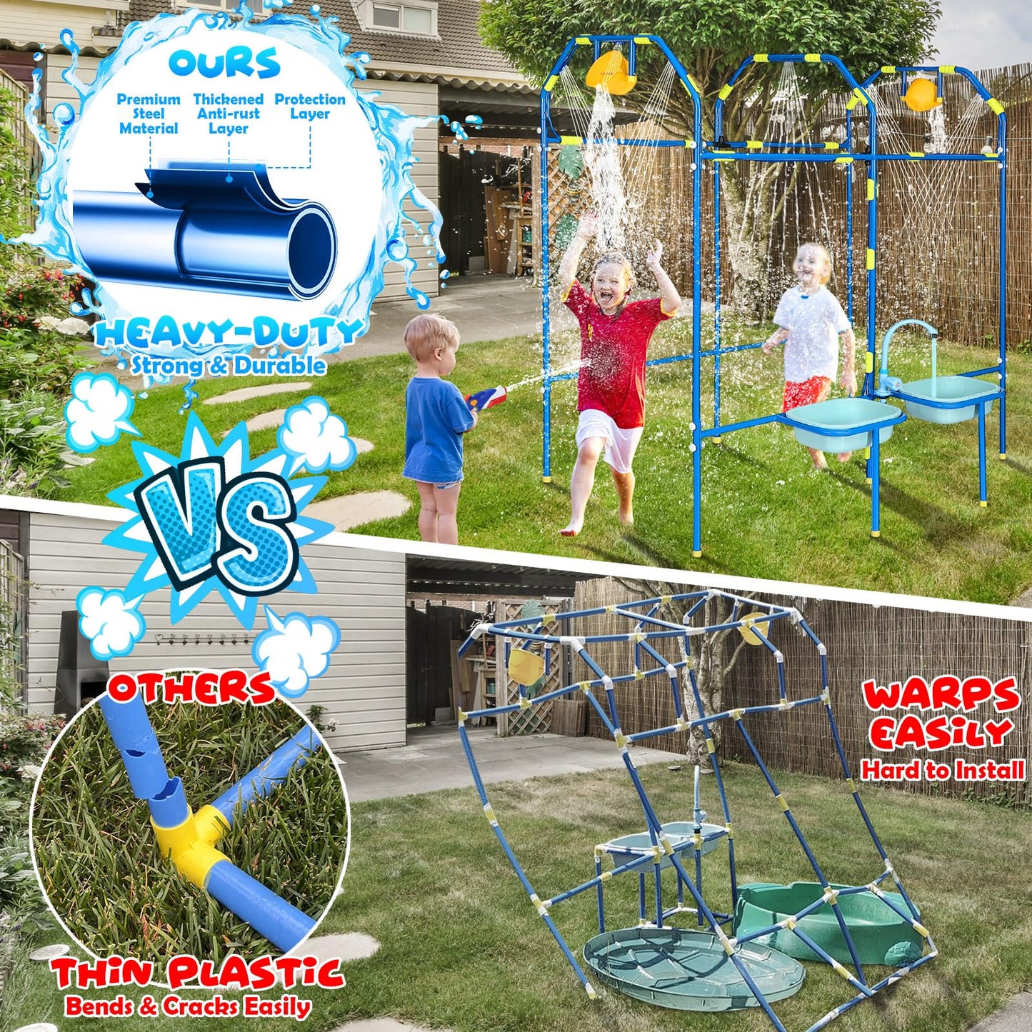 THISWUW Water Park Sprinkler Toy for Kids, Heavy-Duty Steel Backyard Waterpark Splash Game with Shooting Toys, Splash Buckets, Water Table & Faucets, Water Play Activities Outdoor Summer Fun