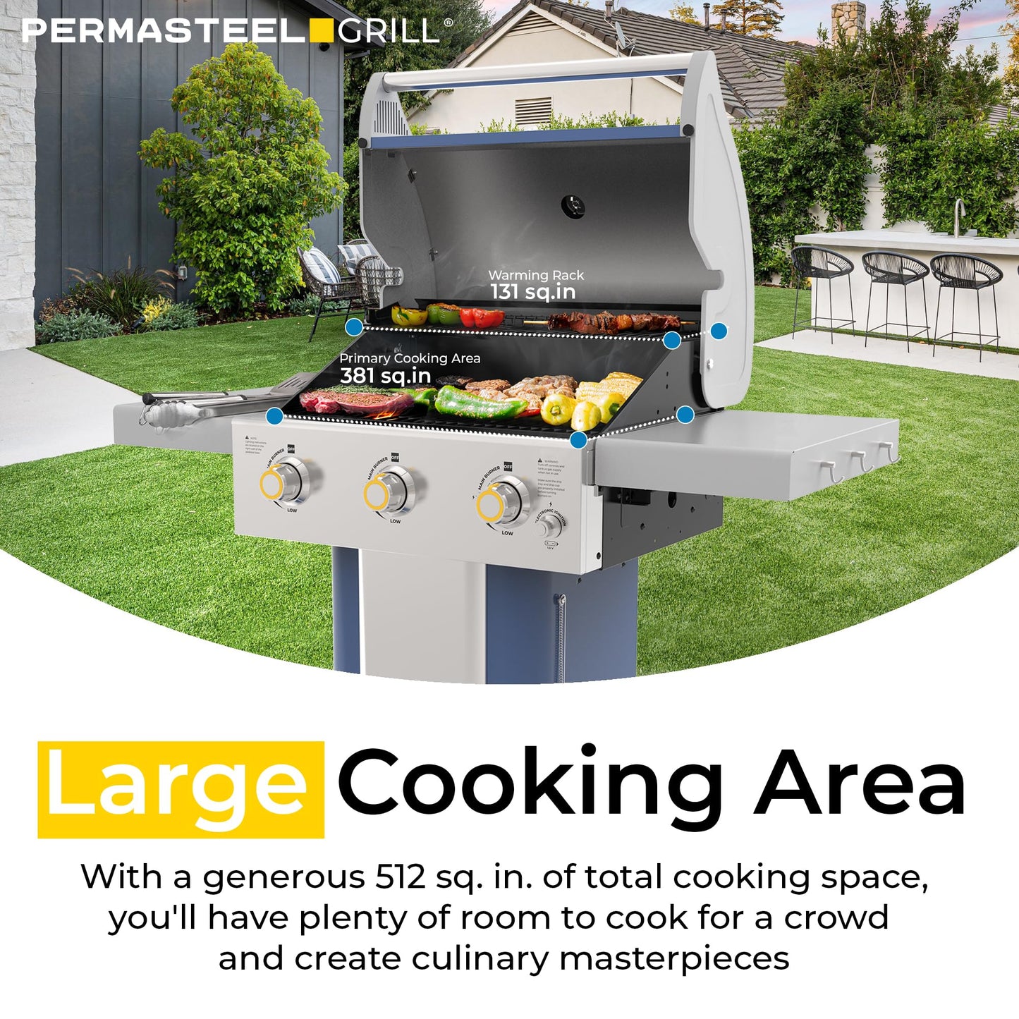 Permasteel 3-Burner Propane Gas Grill, 30,000 BTUs BBQ Grill with Cast Iron Grates, Foldable Side Tables & Tool Hooks, Outdoor Grill, Azure