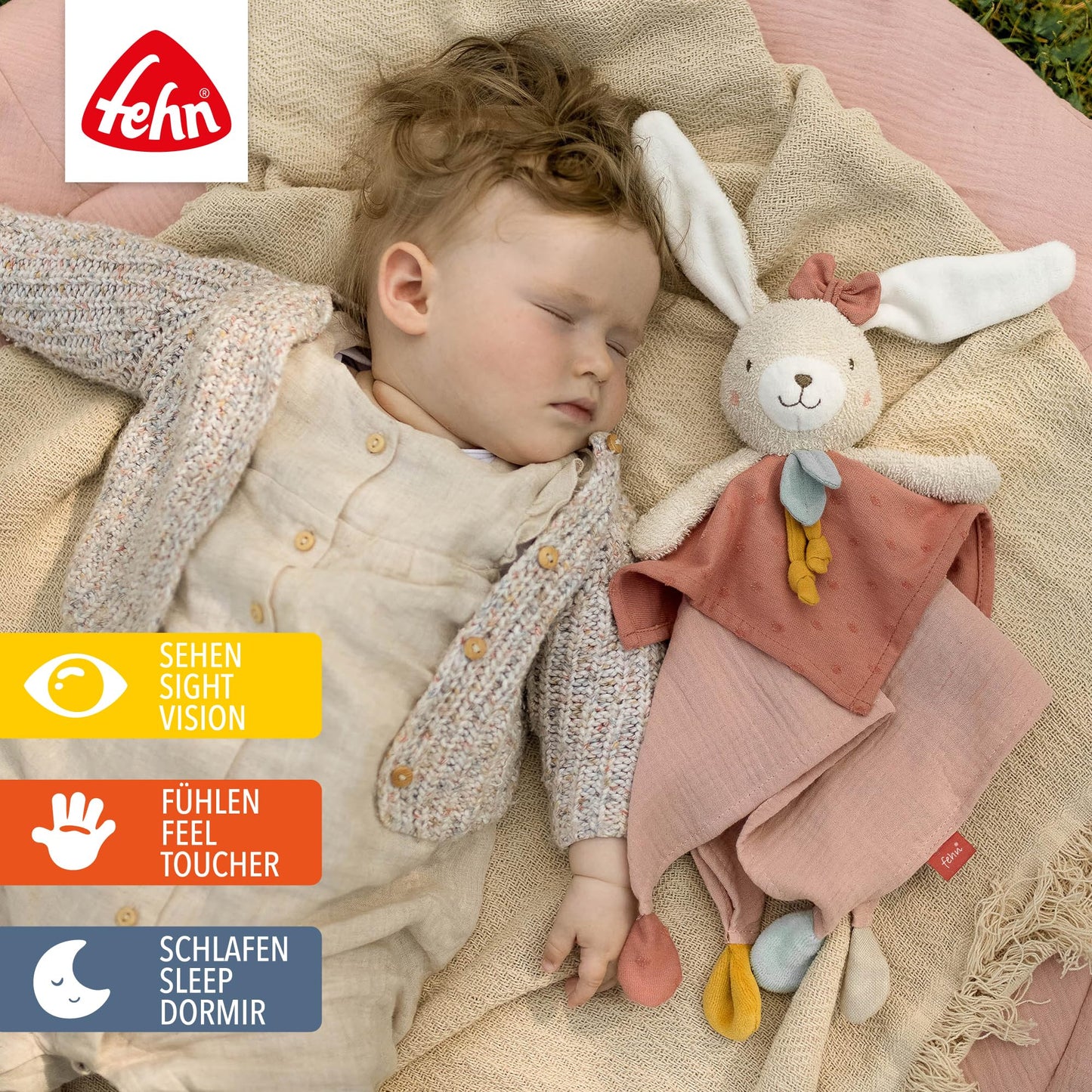 Fehn fehnNATUR rabbit cuddly toy, play companion and soft toy made of organic cotton with dummy chain, for babies and toddlers from 0+ months