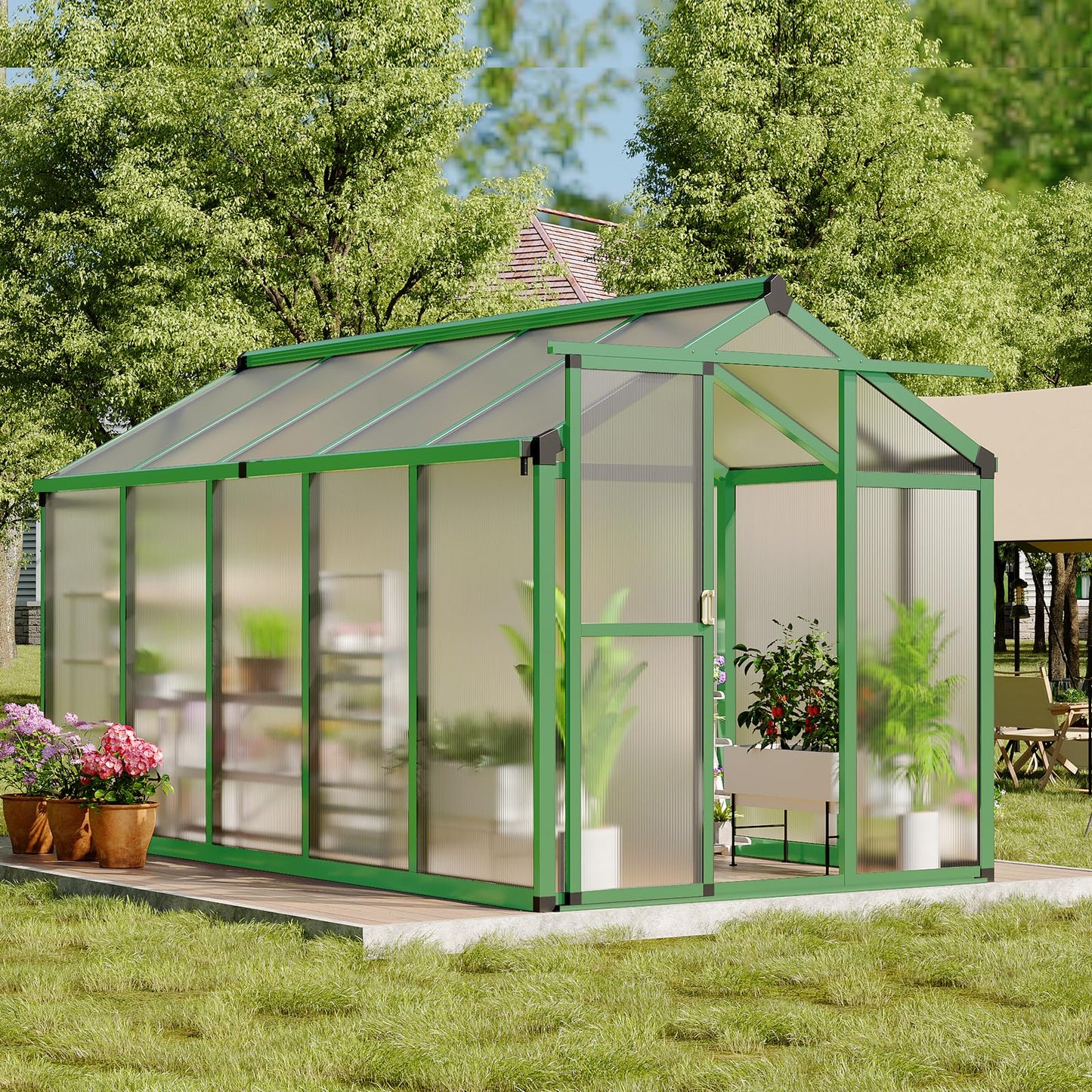 6 X 10 Greenhouse, Greenhouses for Outside, Polycarbonate Greenhouse with Aluminum Frame, Lockable Door and Ajustable Roof Vent for Backyard, Green Houses for Outside Garden Backyard, Patio
