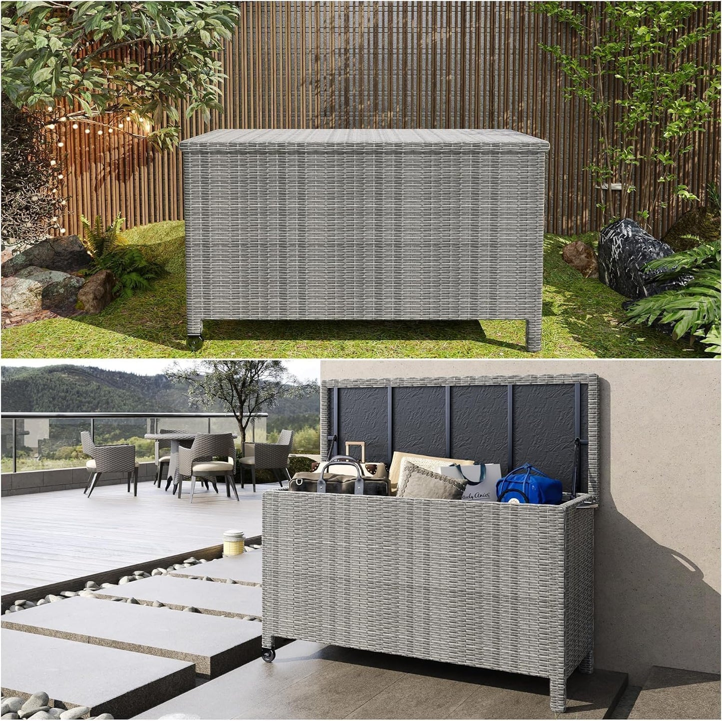 Hipicute 140 Gallon Outdoor Storage Deck Box, Large Rattan Storage Bin Wheel for Patio Cushions, Garden Tools and Pool Supplies, Waterproof, Grey