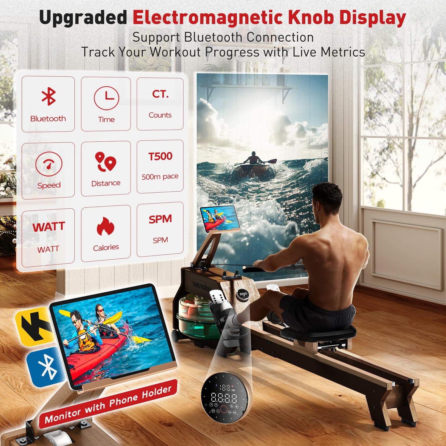 WENOKER Water Rowing Machines for Home Use, Water-Magnetic Dual Resistance Rower Machine with Smart Electronic Knob,Wooden Row Machine with Bluetooth App Compatible for Home Gym Exercise 350 LBS