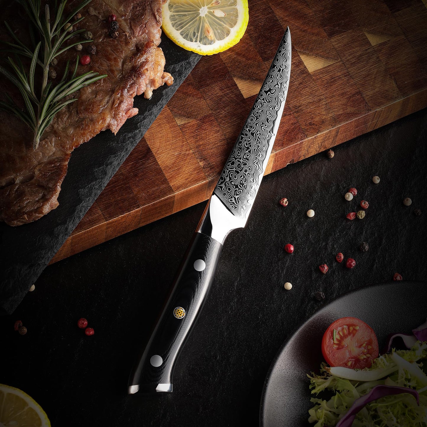 SliceElite Elite Series 6-Piece Steak Knife Set Non-Serrated Plain Edge Steak Knives 67-Layer Damascus Steel with VG10 Super Steel Core G10 Composite Handle Premium Steak Knives Blade Guards Gift Set