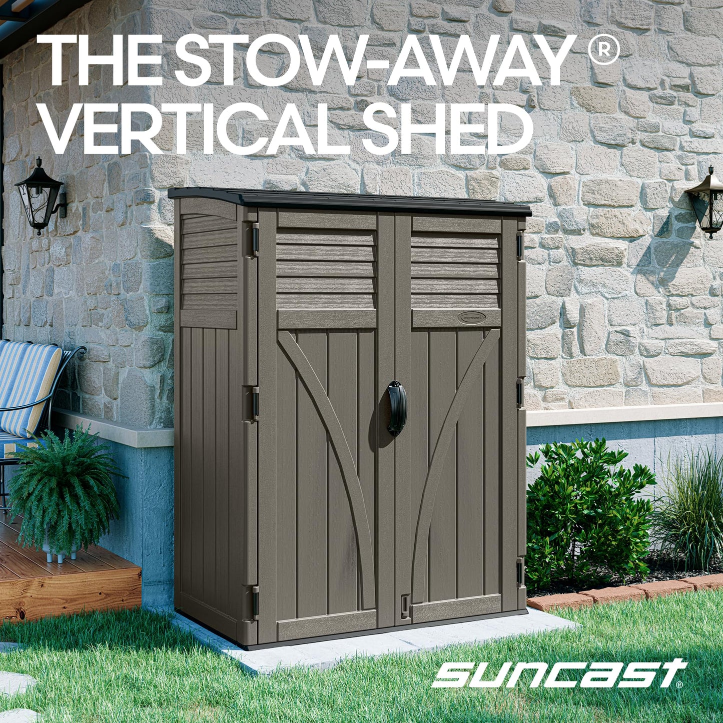 Suncast Outdoor Storage Cabinet Waterproof Resin Vertical Outdoor Storage Shed (54 cu. ft.) for Patio, Garden Tools, Cushions, & Equipment. Weatherproof Plastic Multi-Wall Design, Capacity Made in USA