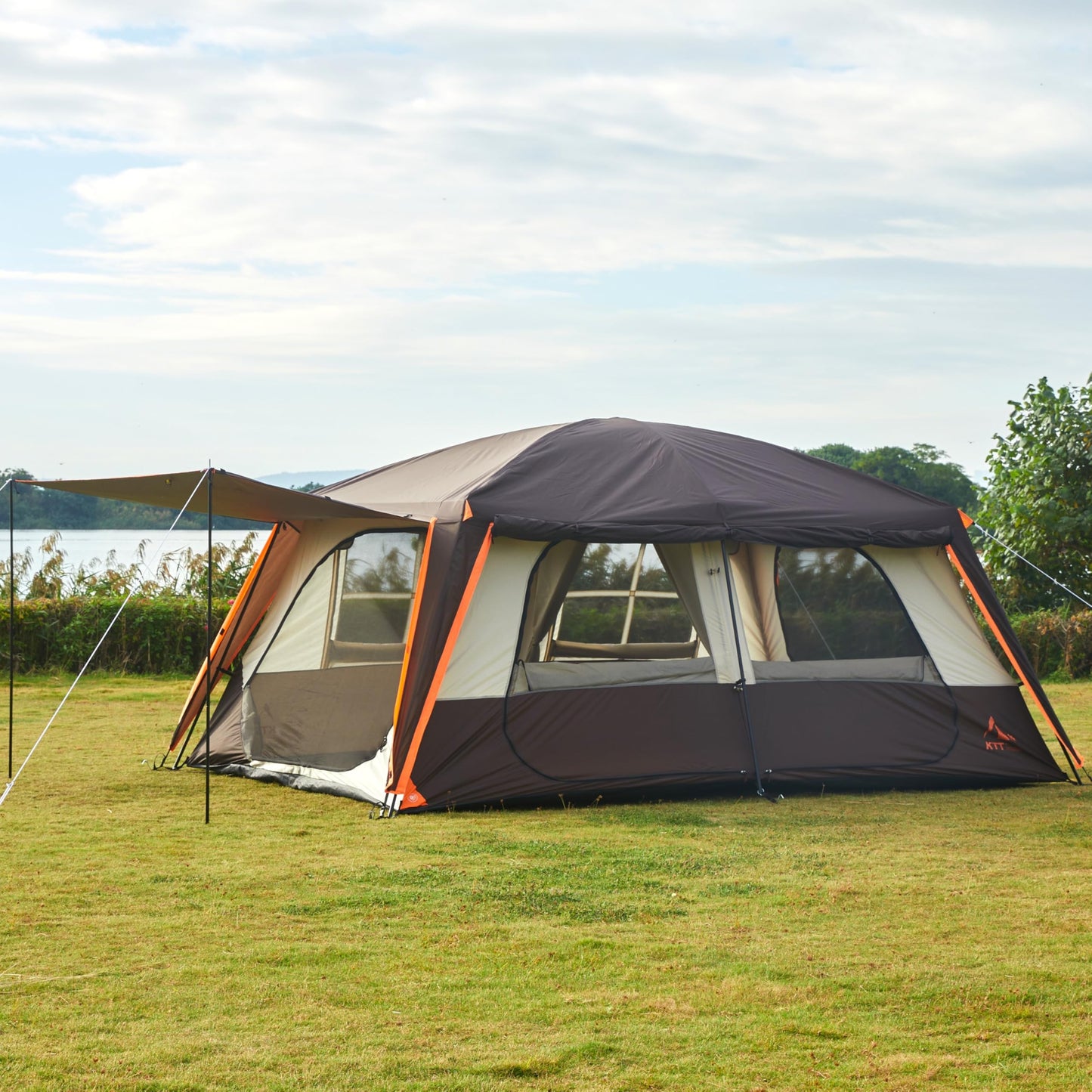 KTT Extra Large Tent 12 Person(A),Awning Family Cabin Tents,2 Rooms,4 Doors and 4 Windows with Mesh,Straight Wall,Waterproof,Double Layer,Big Tent for Outdoor,Picnic,Camping,Family Gathering(Brown)