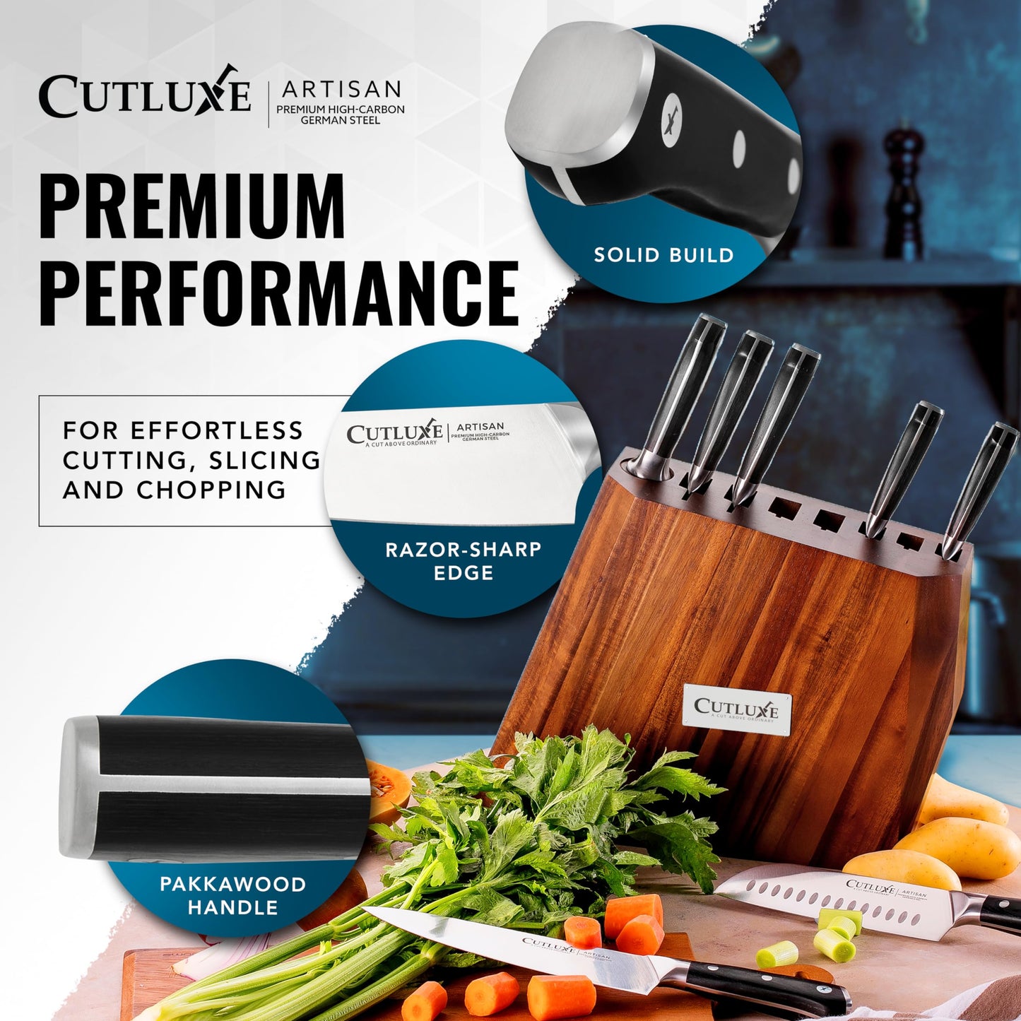 Cutluxe Kitchen Knife Set – 8 Pcs Professional Chef Knife Set with Block – Razor Sharp Knives with Full Tang Design, High Carbon German Steel, Natural Acacia Wood Block – Artisan Series
