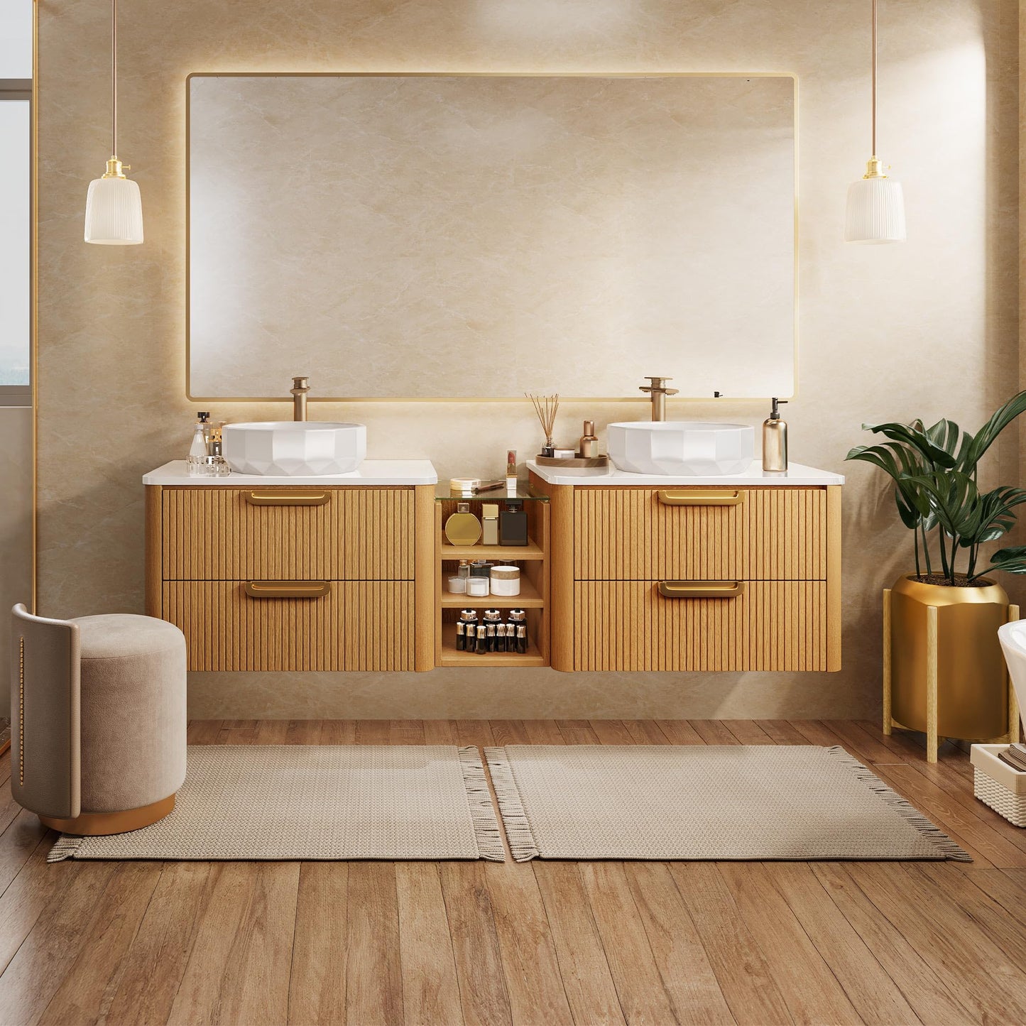 YITAHOME 72 Inch Floating Bathroom Vanity with 2 Faceted Ceramic Basins, Wall-Mounted Vanity with Engineered White Stone Top, 4 Large Storage Drawers & 4 Open Spaces, Wood Grain Texture, Light Walnut