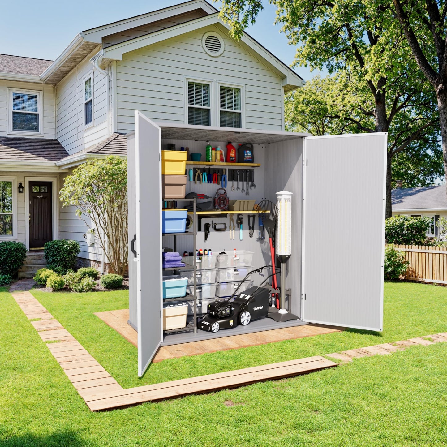 Greesum 5X3FT Plastic Storage Shed with Floor, Resin Outdoor Storaged Shed with Lockable Door, Easy Assembly All-Weather Tool Sheds for Garden, Backyard, Patio, Light Gray (4.7×2.5FT)