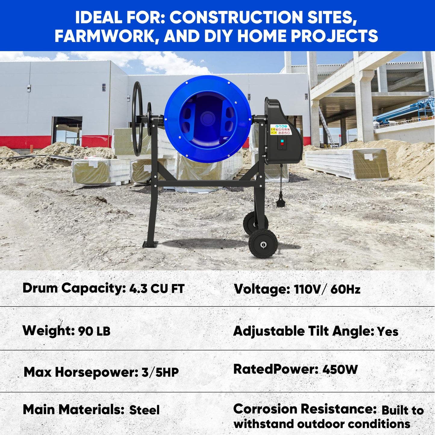 BSMTEK 4.3 Cubic Ft Electric Concrete Mixer, 3/5HP, 450W Portable Concrete Mixer Machine with Stand And Wheels for Stucco, Mortar, Seeds (Blue)