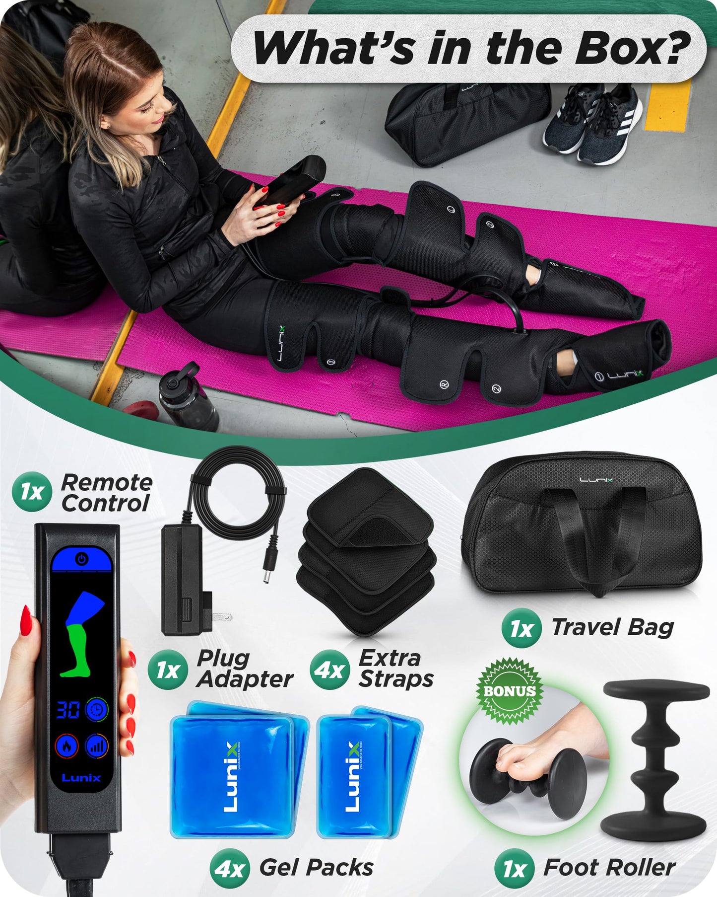 Lunix LX10 Full Leg Massager with Heat & Air Compression, Foot Calf and Thigh Massage Boots for Everyday Recovery, Adjustable Fit, Cold Therapy Option, Handheld Controller, Charcoal Black