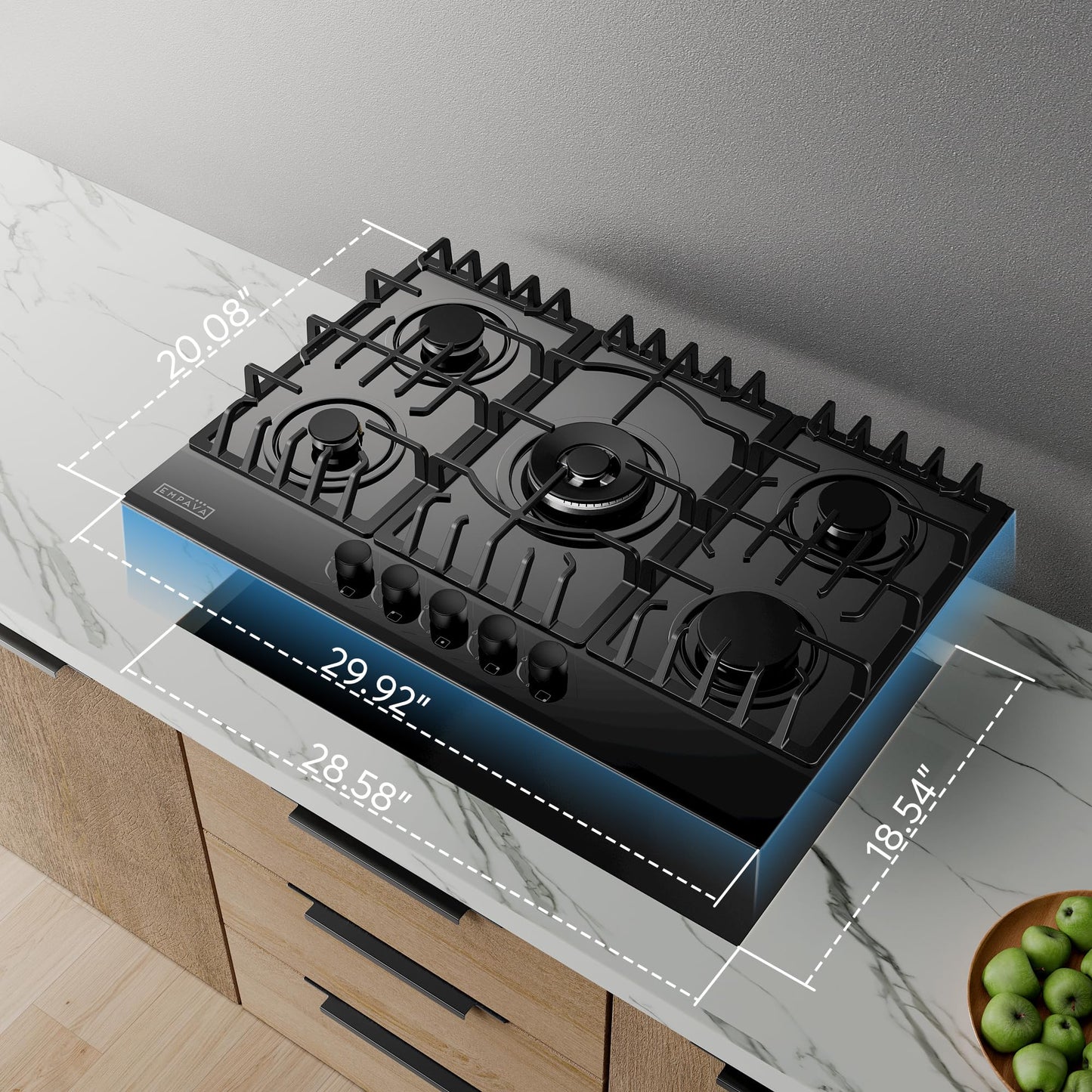 Empava 30" Gas Stove Cooktop LPG/NG Convertible with 5 Italy SABAF Burners Tempered Glass in Black, 30 Inch