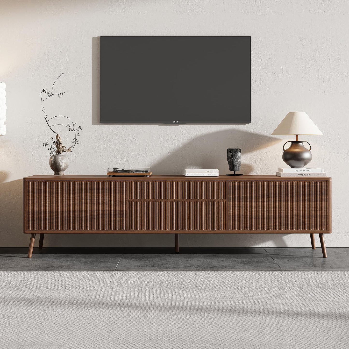 Merax 70 inch Fluted TV Stand with Storage Drawers and Cabinets for TVs up to 80", Modern Entertainment Center with Cable Management, Solid Wood Legs, Soft-Close Hinges, for Living Room, Walnut