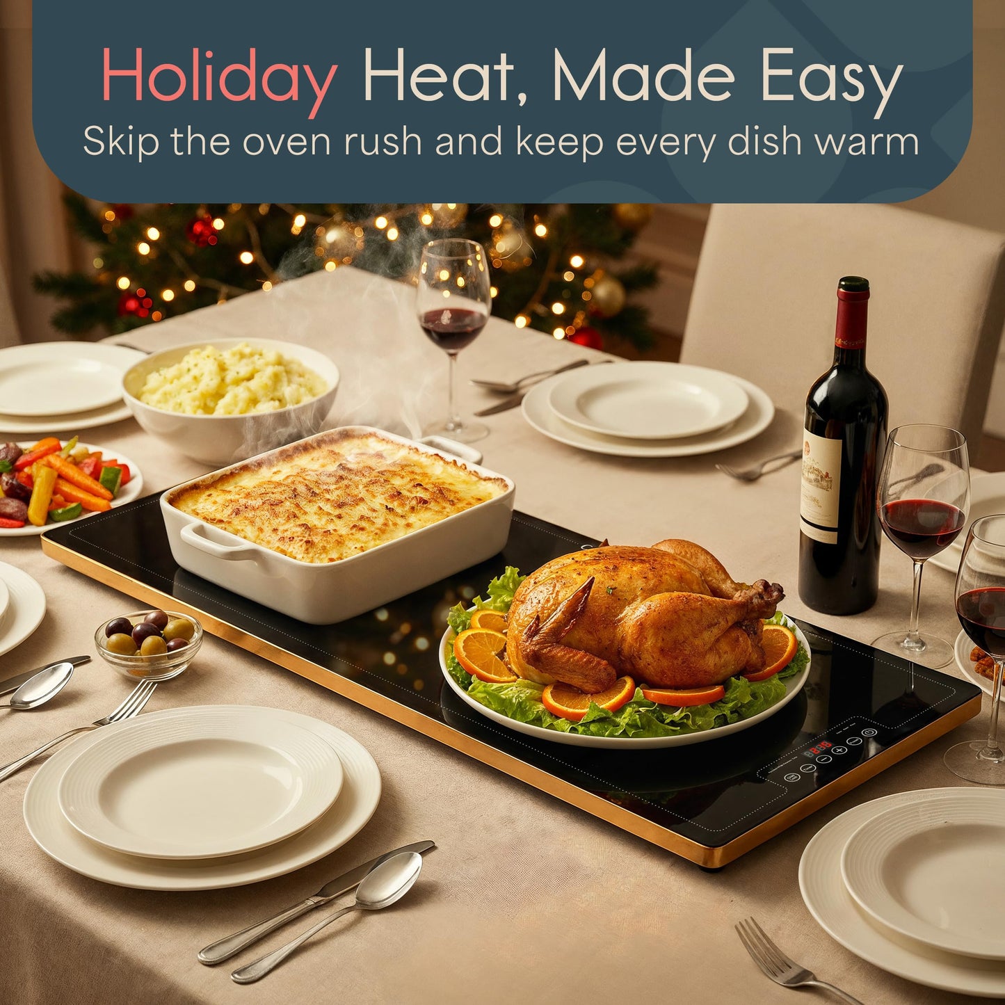 Culvani Electric Warming Tray for Food | 39"x14" XL Thermaplate Electric Food Warmer for Kitchen & Buffet | 1" Thin Countertop Hot Plate with Touch Controls, Adjustable Temp, Black/Gold Finish