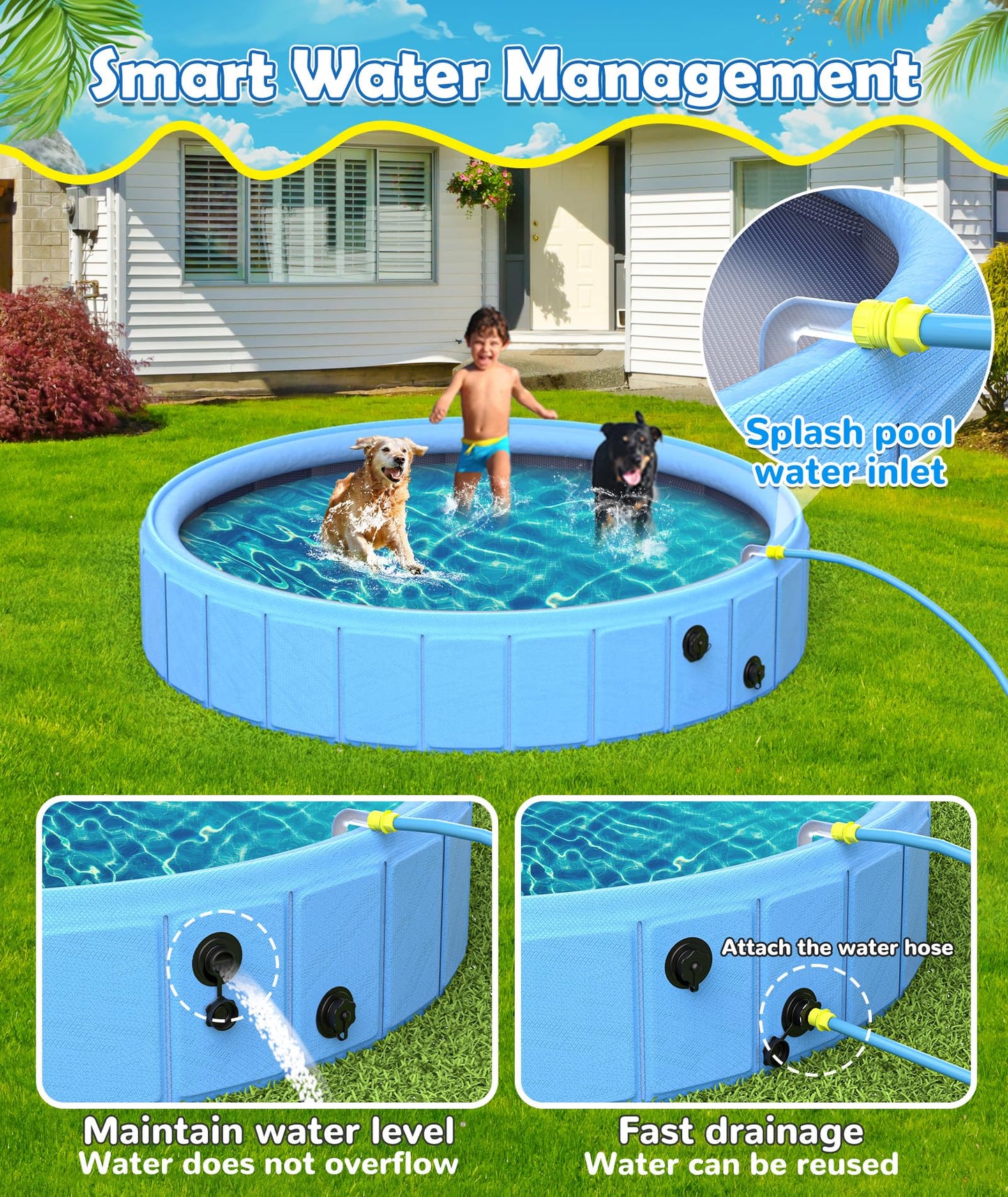EPN Large Foldable Dog Pool – 0.55MM PVC 2-in-1 Portable Bathtub & Sprinkler for Dogs, Cats, Kids – Heavy Duty, Non-Slip, Summer Water Toy (79 in)