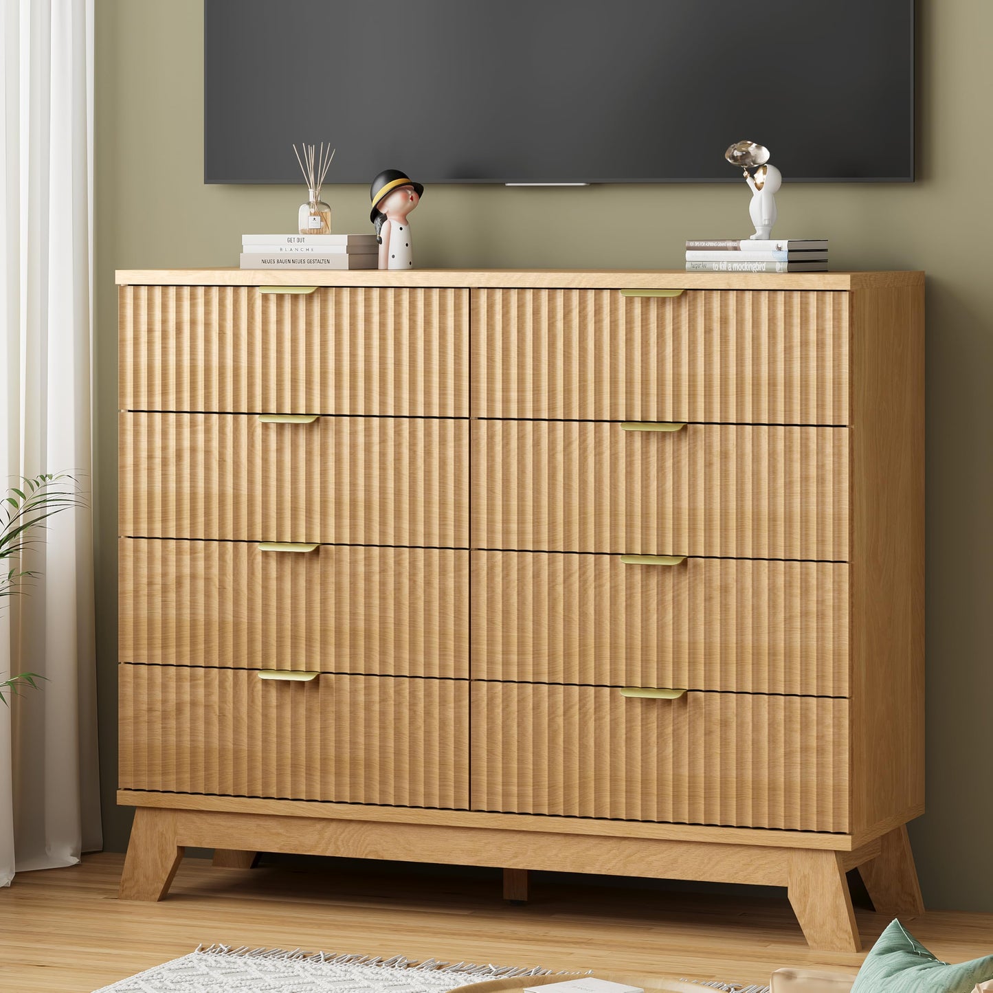 Fluted Dresser for Bedroom with 8 Drawers, 48" Wide Modern Chest of Drawers with Metal Handle, Wooden Dresser TV Stand, Wood Closet Clothes Storage Organizer for Living Room, Hallway, Natural Oak