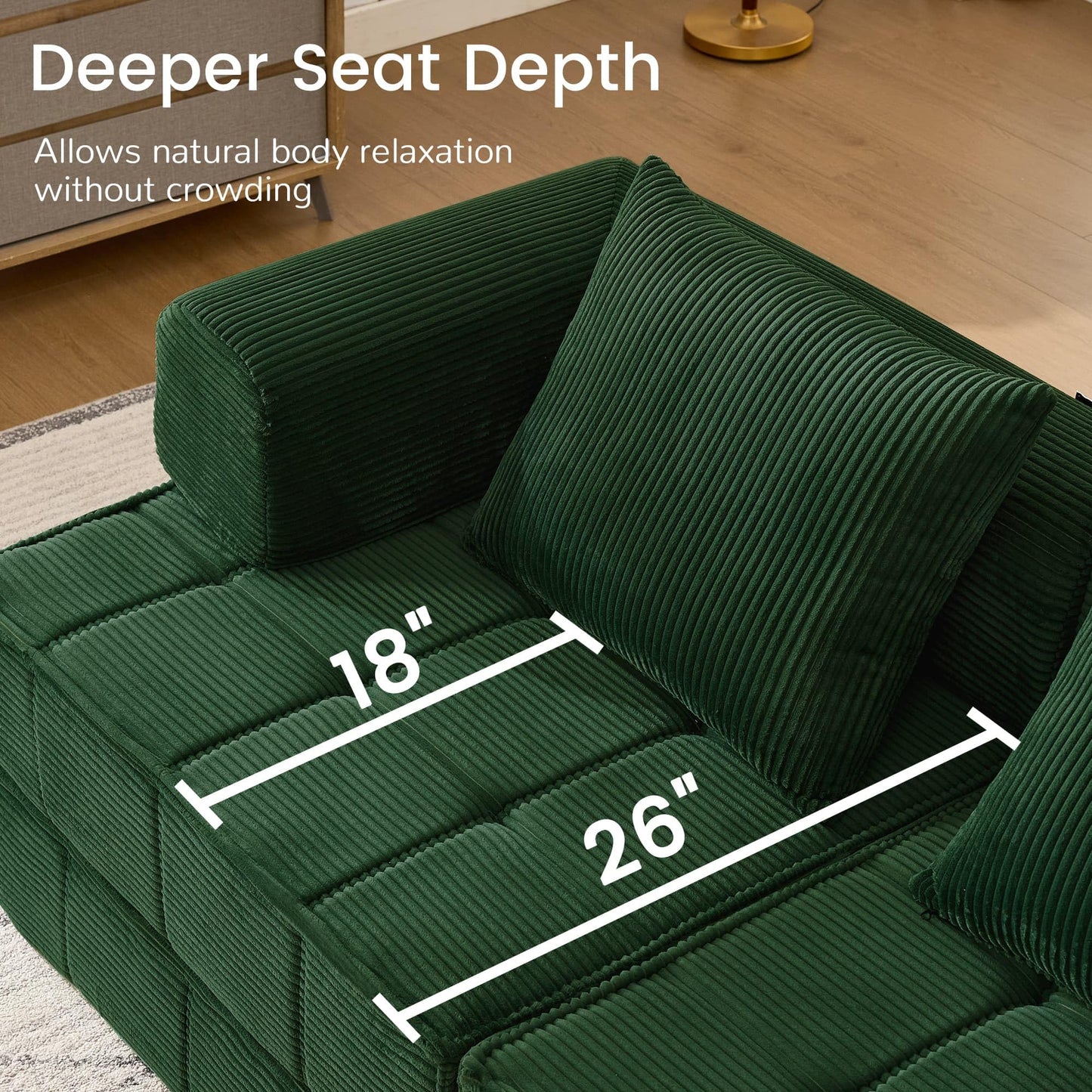 Korser 6-in-1 Convertible Sleeper Sofa Bed, Corduroy Folding Mattress Couch with Fixed-Shape Frame, Modular Foldable Boneless Couch, Loveseat Couches with 2 Pillows, for Living Room, Bedroom, Green