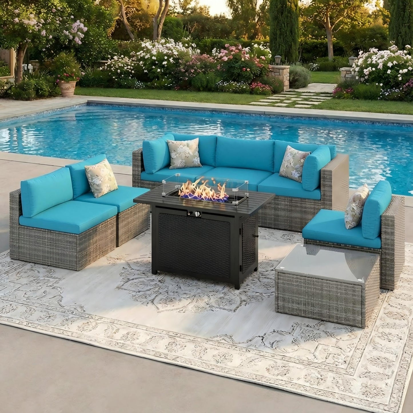 Wisteria Lane 8 Pieces Outdoor Patio Furniture Set with 43" Fire Pit Table, Wicker Outdoor Patio Sectional Sofas with Coffee Table, All-Weather Patio Conversation Set for Backyard Garden, Light Blue
