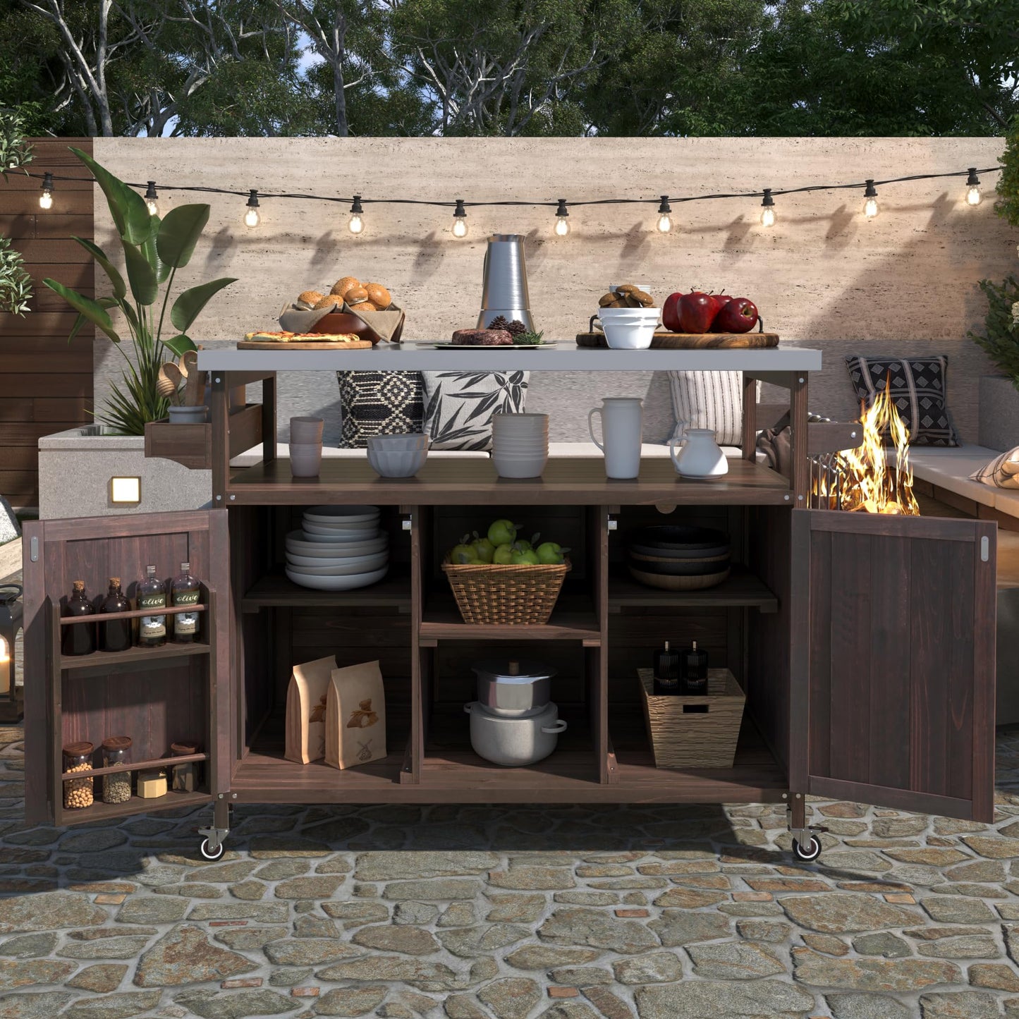 Jintop 50.25" Kitchen Island Rolling Bar Cart & Storage Cabinet, Farmhouse Solid Wood Outdoor Grill Table with Stainless Steel Top and Spice, Towel Rack for BBQ,Dark Brown