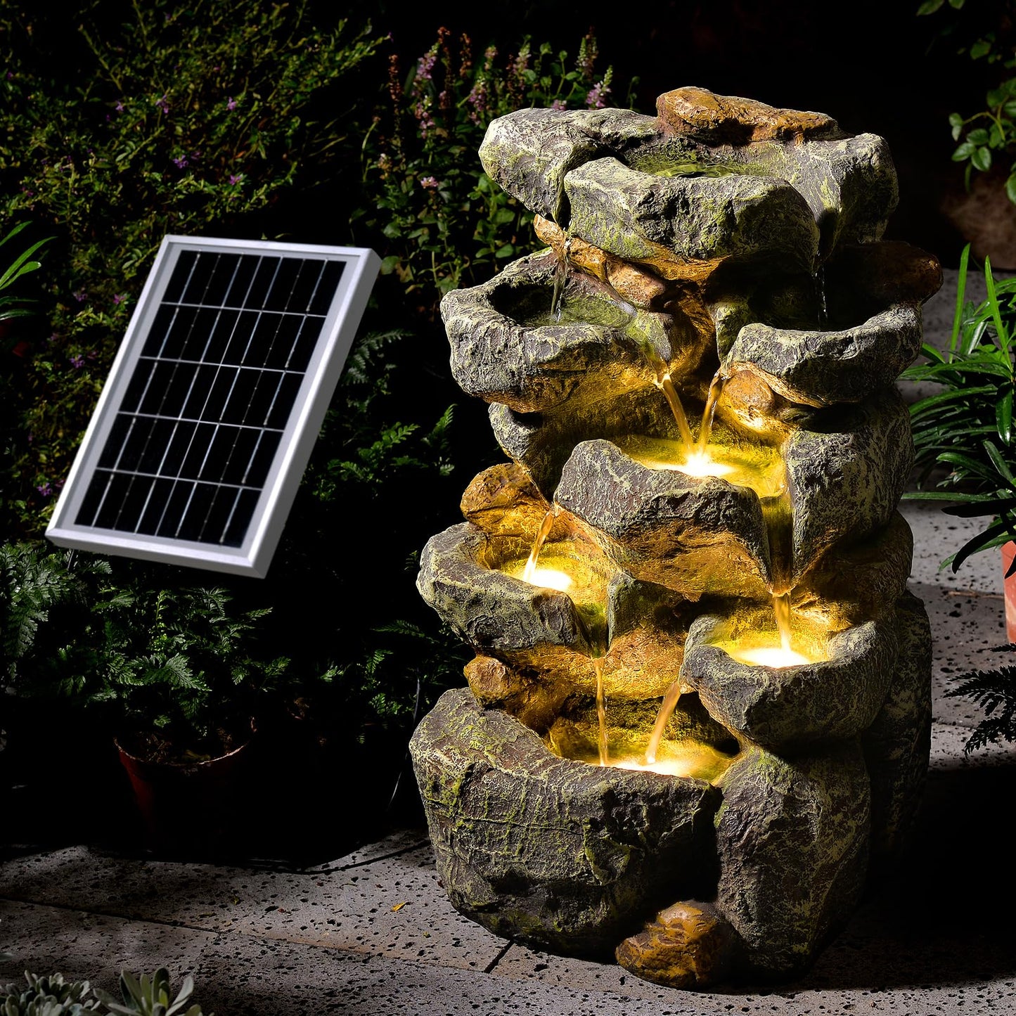 Solar Water Fountain Outdoor Garden,5 Tiered Cascading Rock Solar Powered Water Fountain Water Fall Fountains Outside with Lights for Backyard, Patio, Deck, Porch, 19.3" H x 12.2" L x 9.5" W