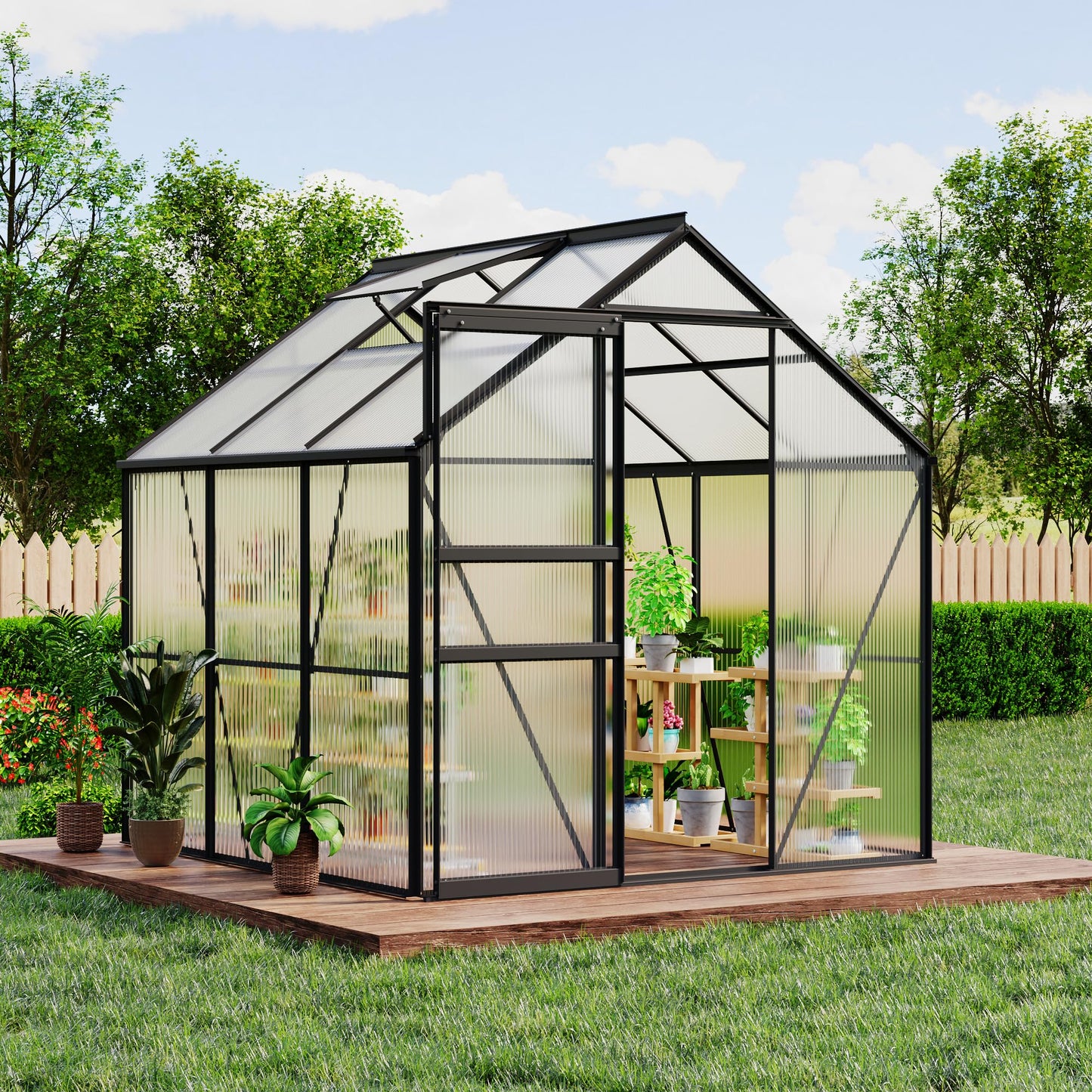 Garvee 6 x 6 FT Outdoor Greenhouse, Polycarbonate Greenhouses with Aluminum Frame, Sliding Door, Adjustable Roof Vent for Backyard, Green Houses for Outside Garden Backyard, Patio, Black