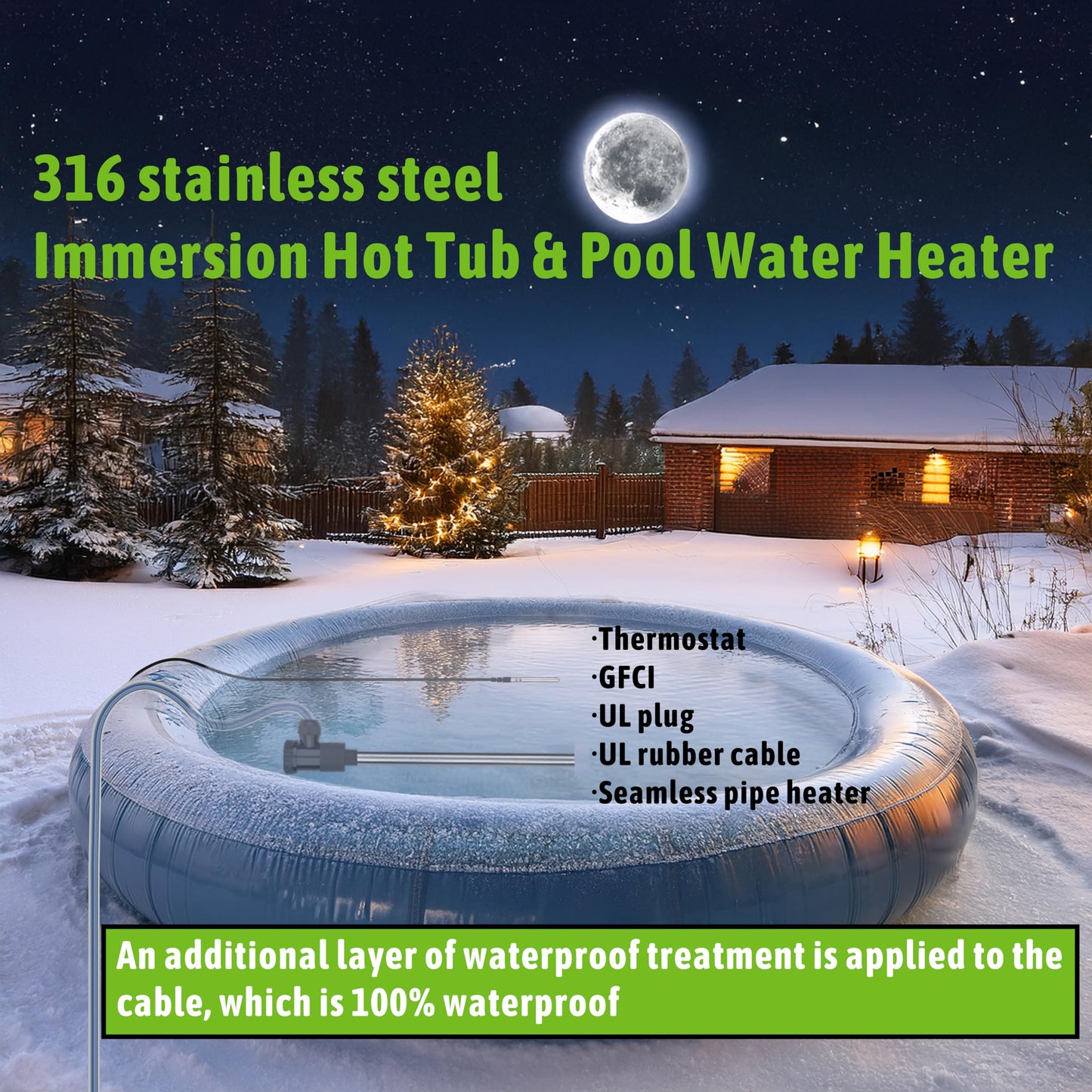 LINGLONGTEMP 240V 3500W Fully Submersible, Electric Hot Tub & Swimming Pool Immersion Water Heater with Temp Control & GFCI for Baptismal Pool, Baptistry, Above Ground Pool, Inflatable Pool & spa tub