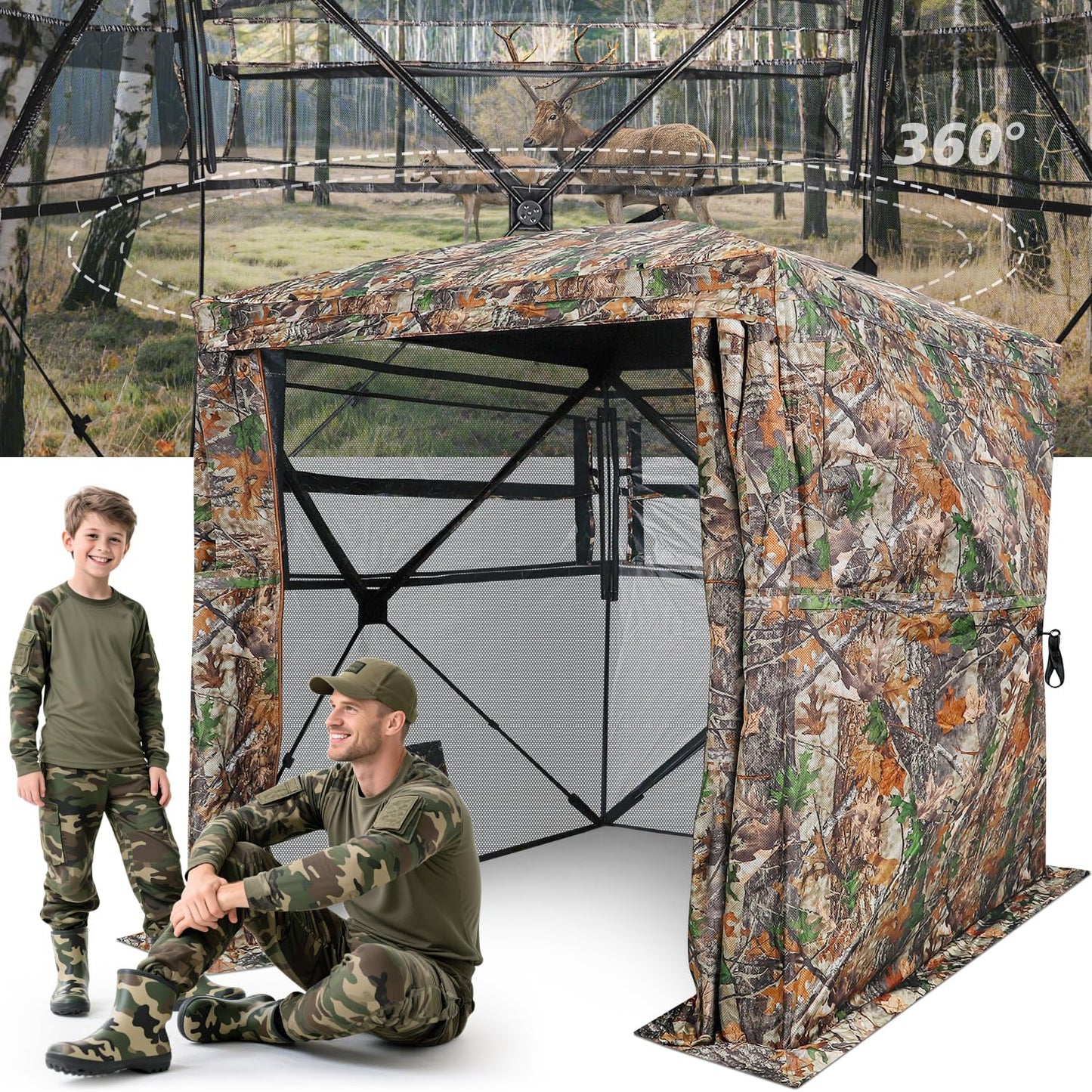 TYRSEN Hunting Blind with Magnetic Full Open Large Door & Silent Windows, 360° See Through Pop Up Ground Blind for 3-4 Person, Tent for Deer Turkey Hunting, Waterproof, Camo, Portable, Carry Bag