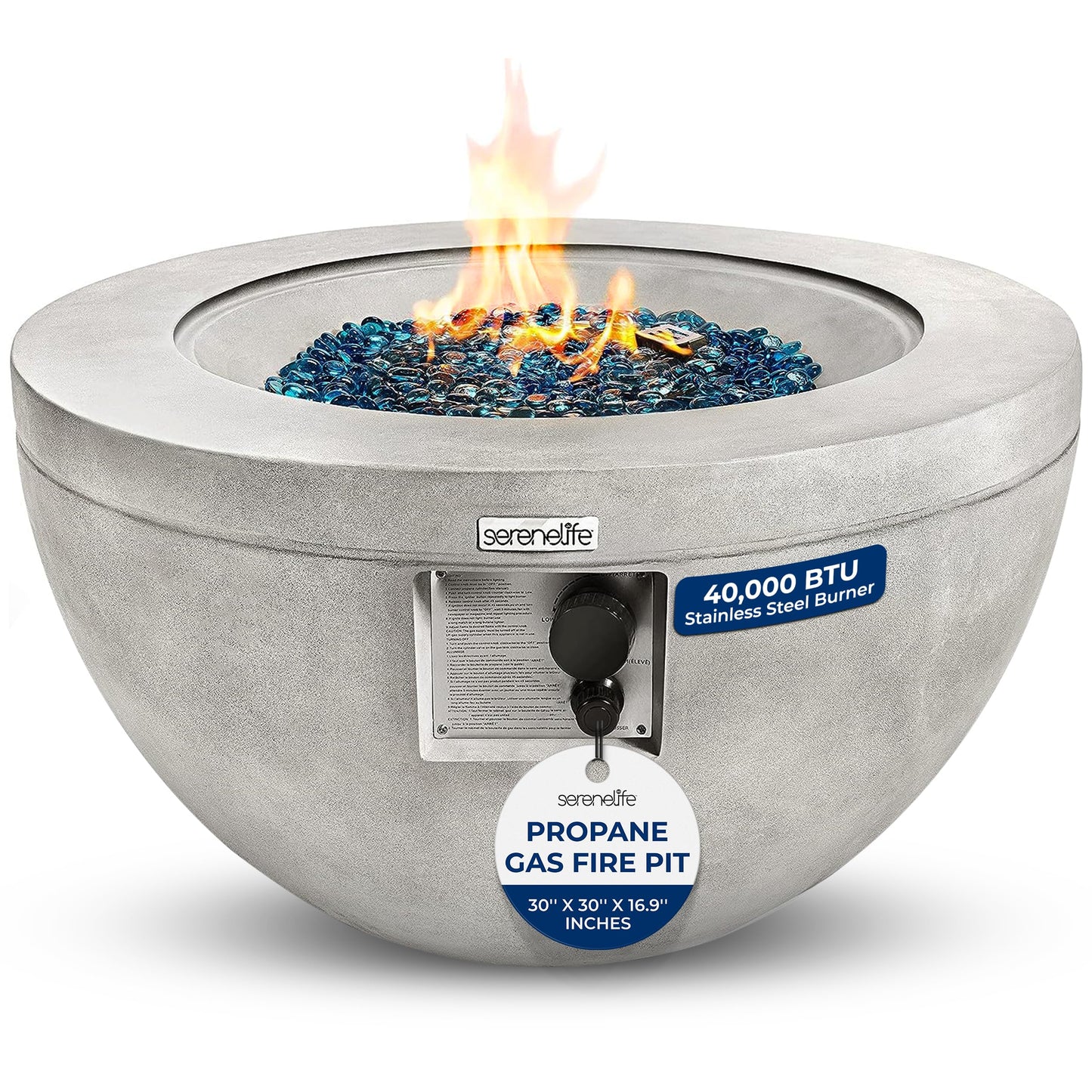 SereneLife 40,000 BTU Propane Fire Pit Table, Round Gas Fire Table with Adjustable Flame Height, Weather Resistant, Blue Glass Rocks, Safe and ETL Certified for Outdoor Use, 30" x 30" x 16.9" Inch