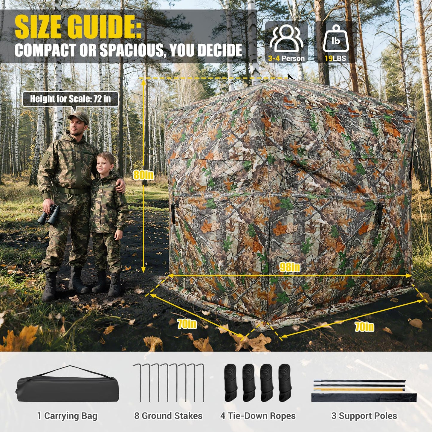 TYRSEN Hunting Blind with Magnetic Full Open Large Door & Silent Windows, 360° See Through Pop Up Ground Blind for 3-4 Person, Tent for Deer Turkey Hunting, Waterproof, Camo, Portable, Carry Bag