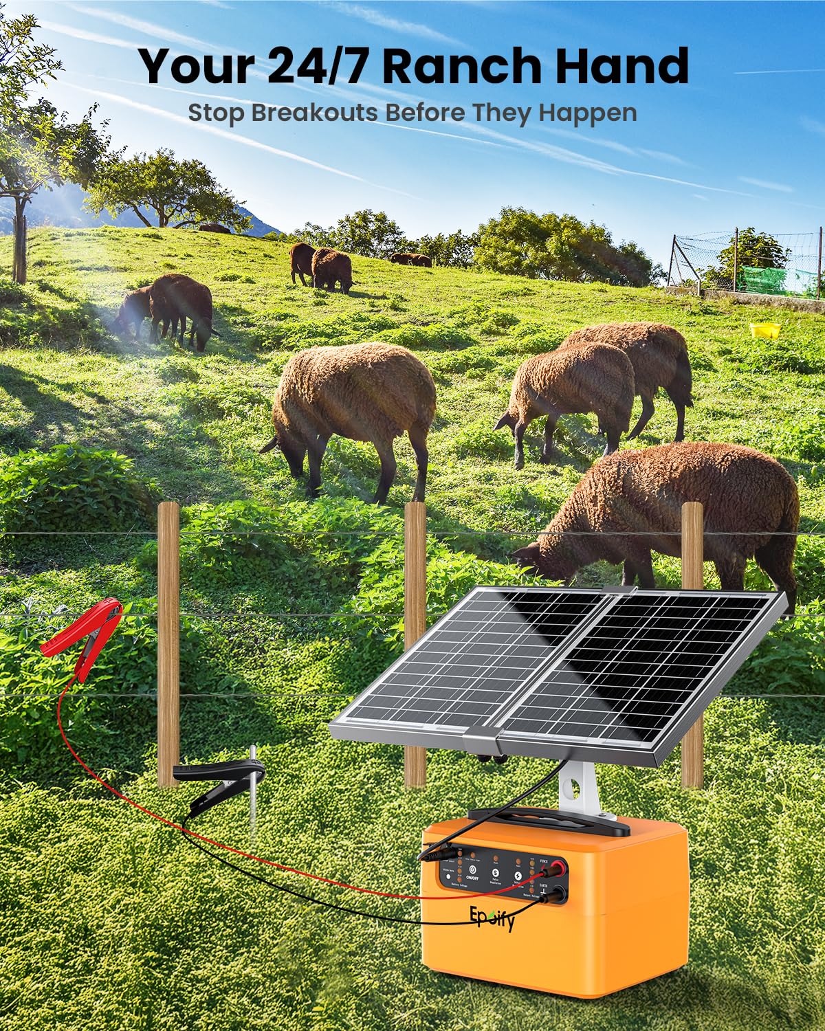 30-Mile Solar Electric Fence Charger for Livestock Safety, 0.3-1.5 Joules Adjustable Energizer with 12000mAh Battery, 24/7 Solar Fence Charger with Smart Voltage Display for Raccoon, Deer Control
