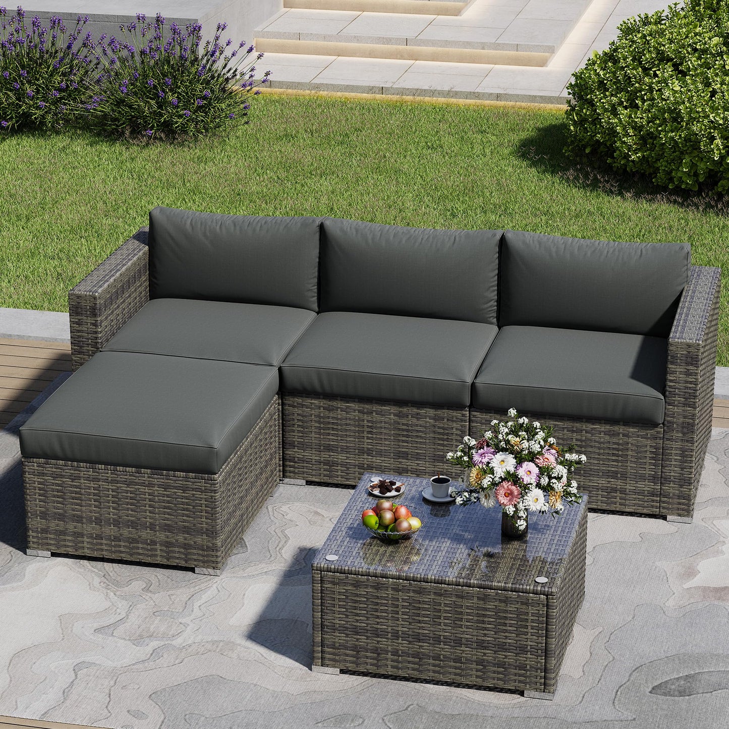 May in Color 5 Piece Outdoor Patio Sectional Furniture Set, Weather Resistant Rattan Outside Couch, Waterproof Conversation Sofa for Balcony, Porch, Backyard, Deck, Garden, Grey
