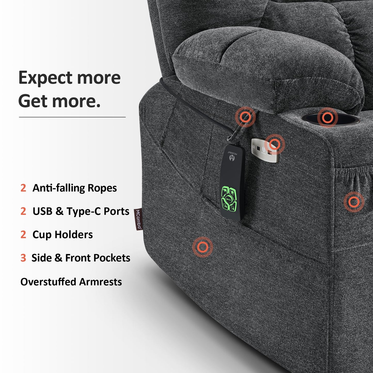 MCombo Dual Motor Power Lift Recliner Chair with Massage and Dual Heating for Elderly, Lay-Flat for Sleeping, Extra Wide for Big and Tall, Fabric R7070 (Dark Grey)
