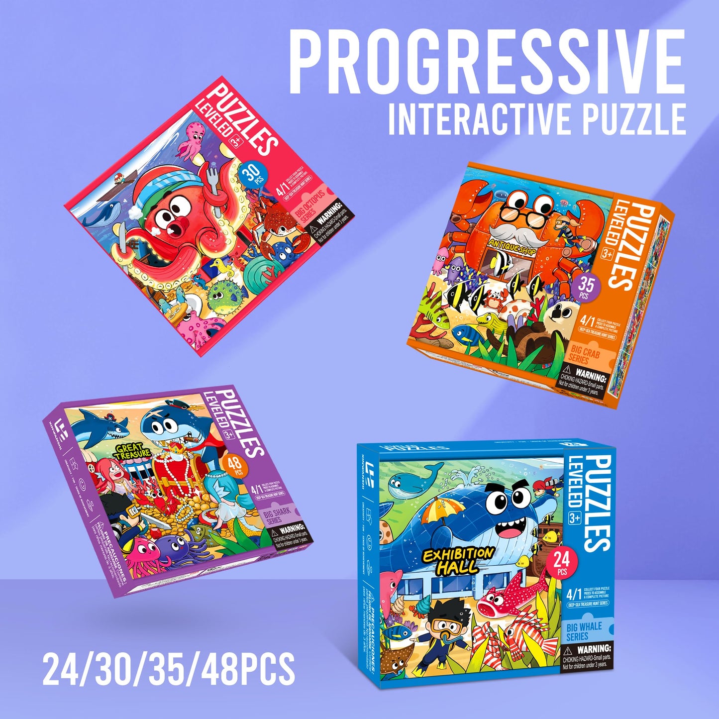 Underwater Ocean Puzzles for Kids Ages 3-8，4 Pack Progressive Jigsaw Puzzles (24/30/35/48 Pieces) for Toddlers & Children，Educational Floor Puzzles for Gifts