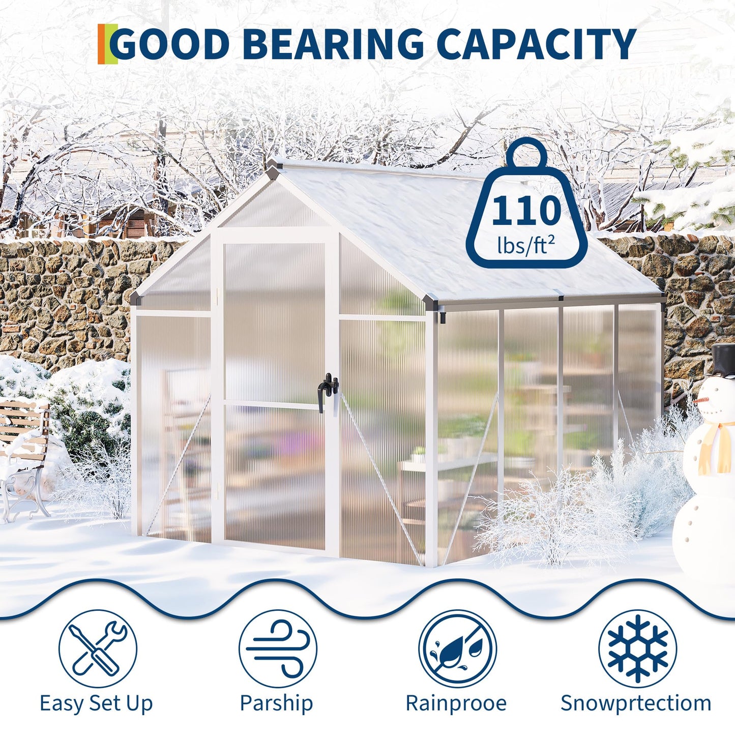 6X8 FT Outdoor Polycarbonate Greenhouse, Sturdy Aluminum Frame, Adjustable Roof Vent, Ideal for Backyard, Patio, or Garden, All-Weather Green House for Growing Plants and Vegetables