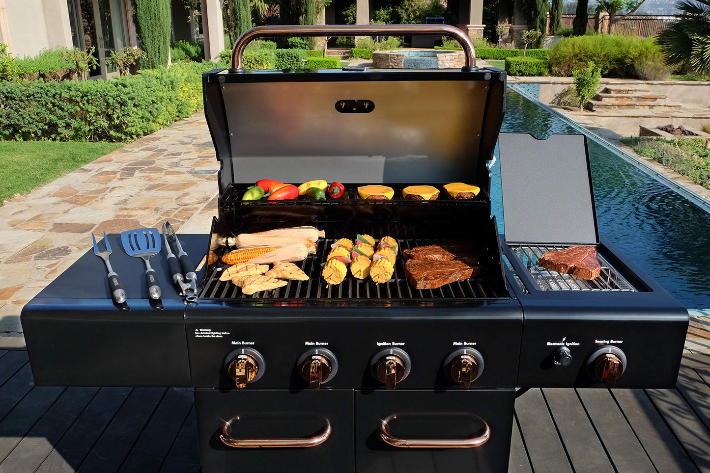 Kenmore 4-Burner BBQ Gas Grill with Searing Side Burner, Propane Grill, 52,000 BTUs, Warming Rack, Electronic Ignition & Cast Iron Cooking Grates, Black/Copper