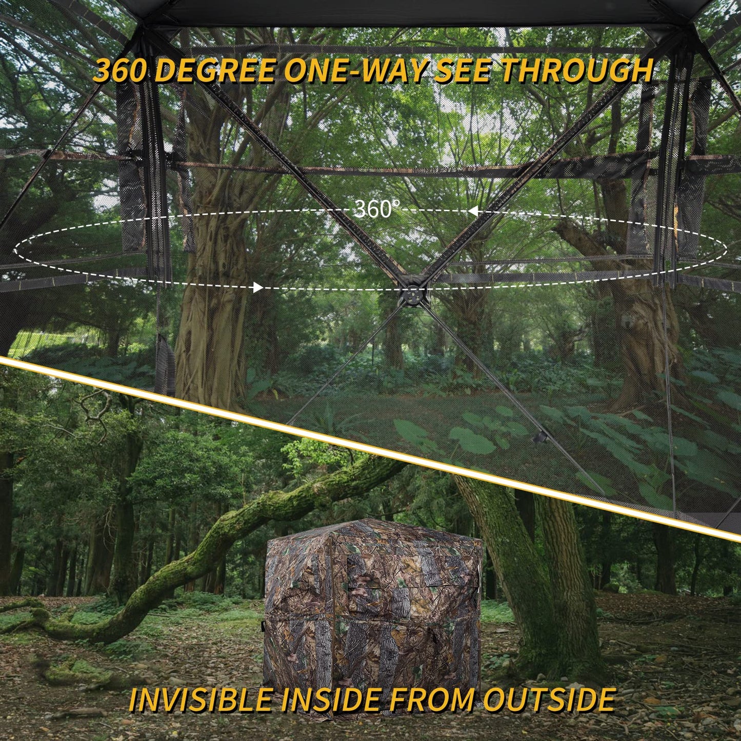 FUNHORUN Hunting Blind 360 Degree See Through Ground Blind with Chair and Carrying Bag, 2/3 Person Pop Up Camouflage Tent Portable Concealed Shelter